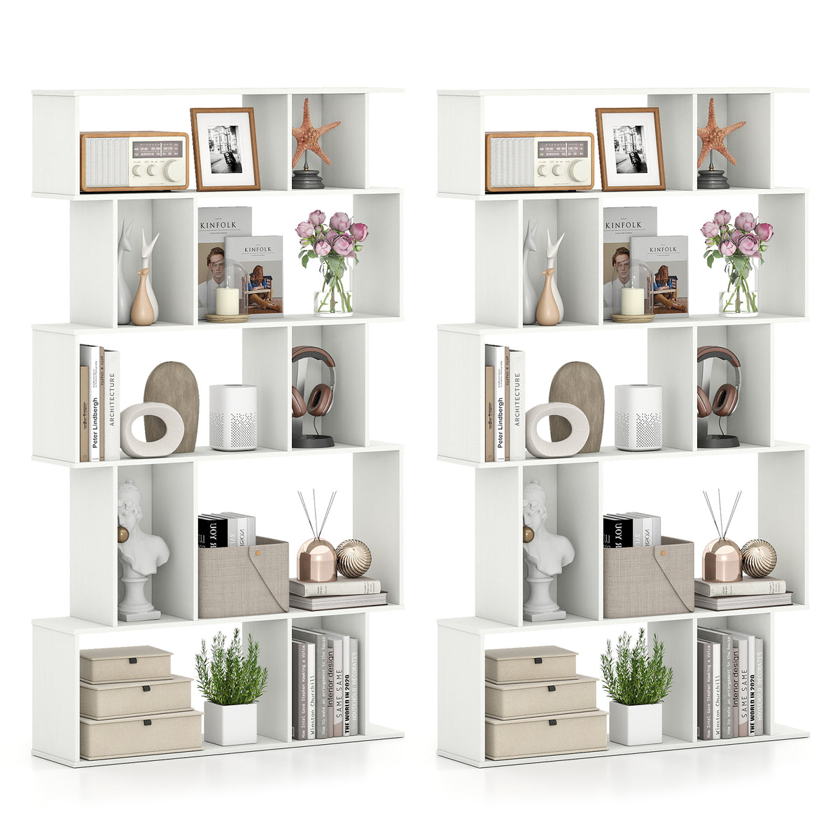 Geometric Bookshelf Set of 2, 5-Tier Bookcase, White