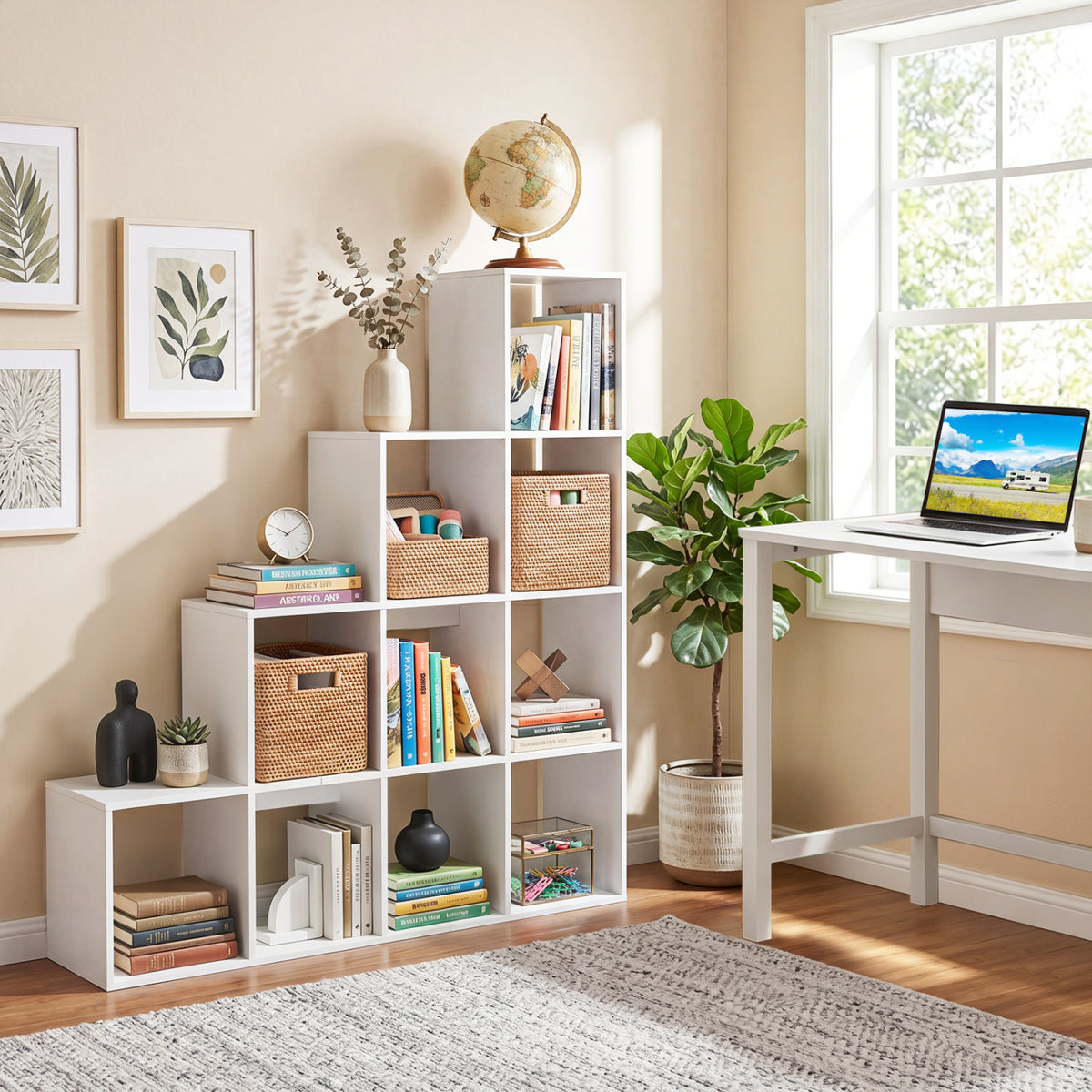 4-Tier Bookshelf with Storage Cubes & Anti-Tipping Kits - Natural