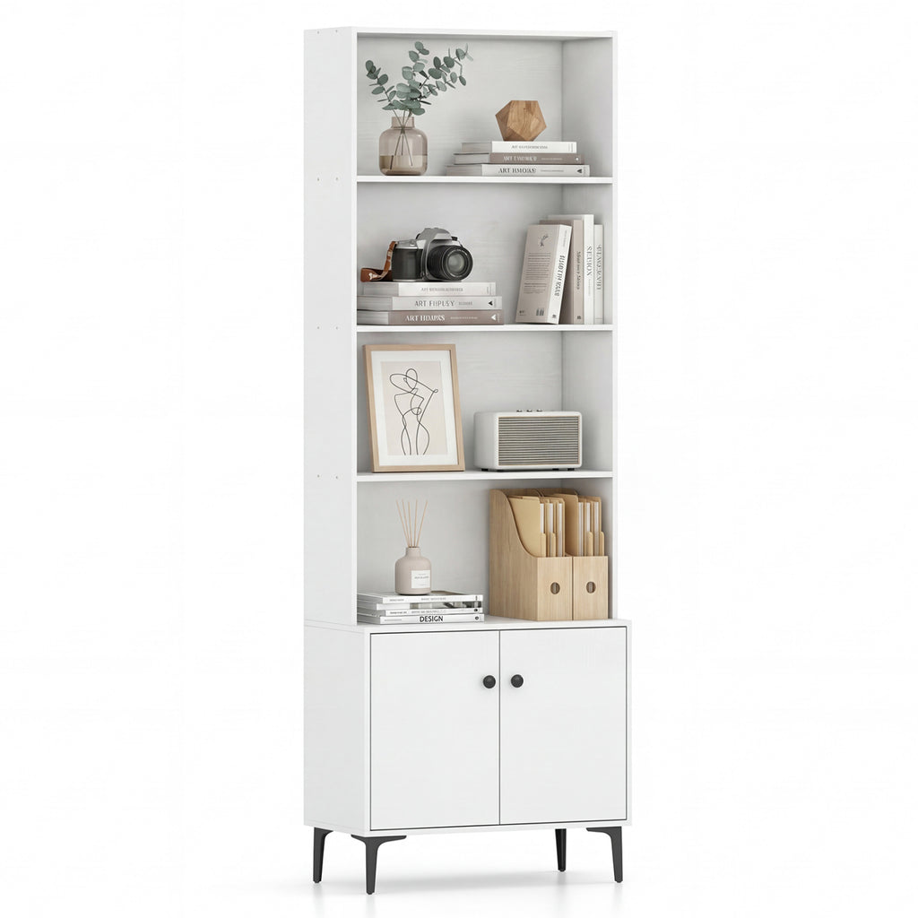 24-Inch Bookshelf with 2 Doors, White – Open & Closed Storage