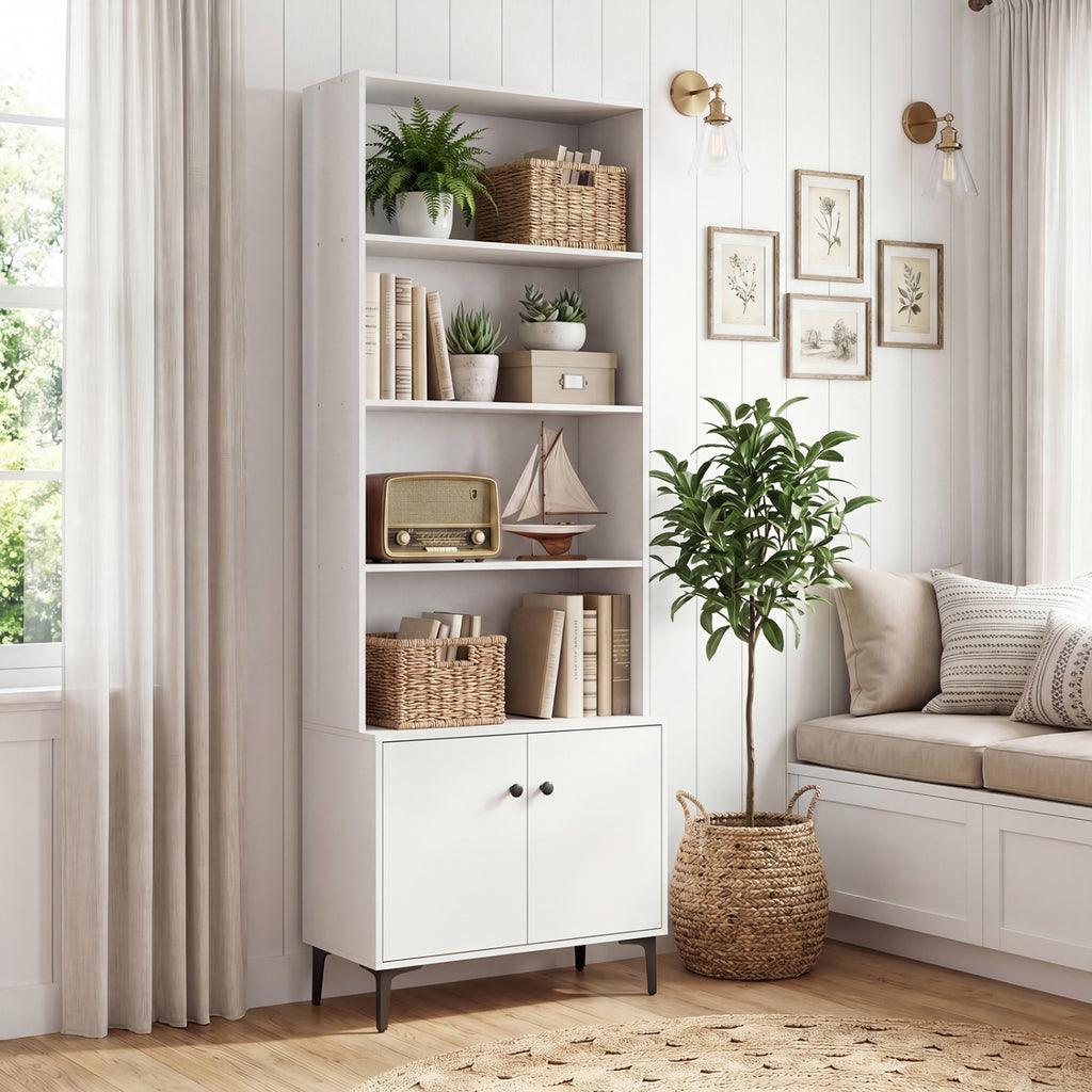 24-Inch Bookshelf with 2 Doors, White – Open & Closed Storage