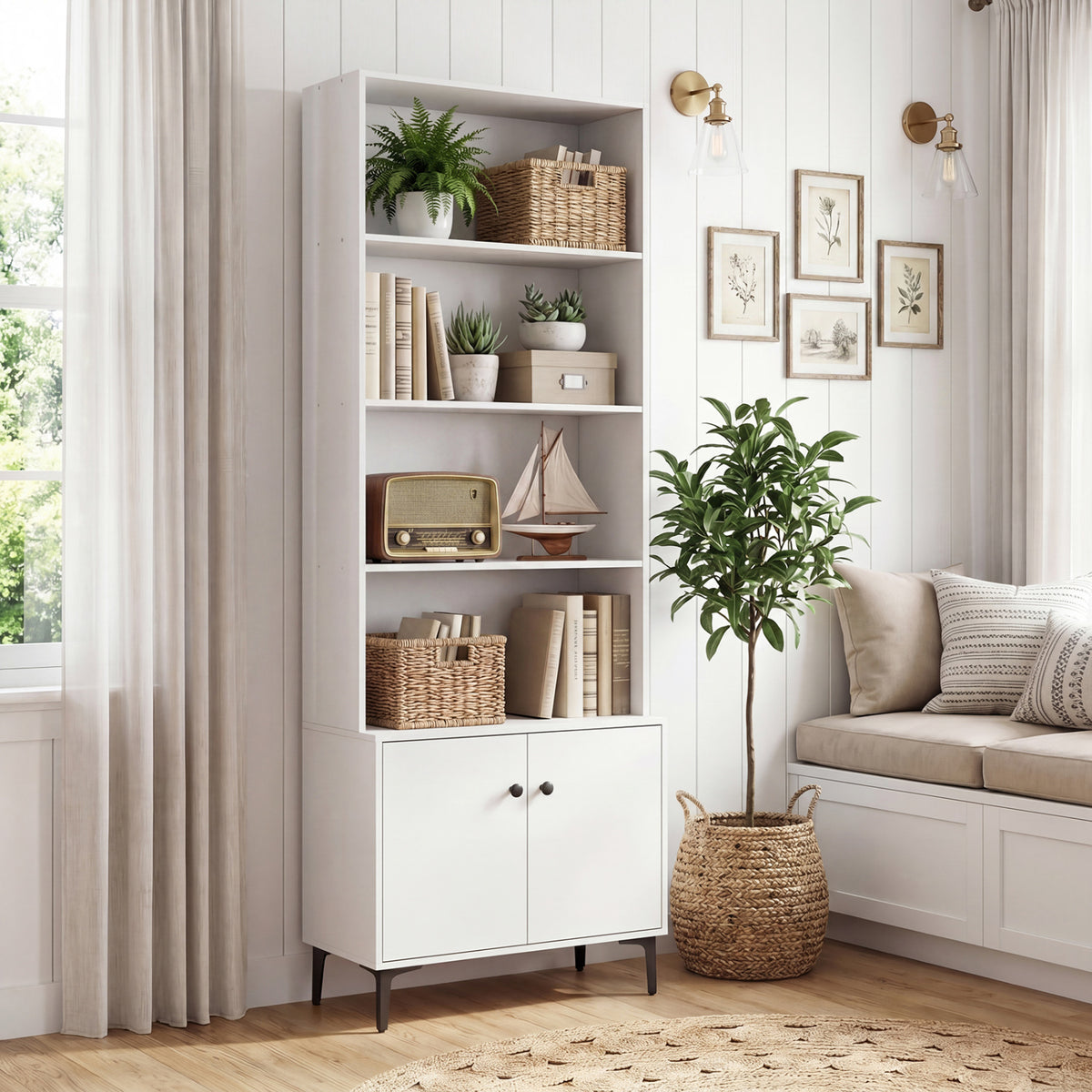 24-Inch Bookshelf with 2 Doors, White – Open & Closed Storage
