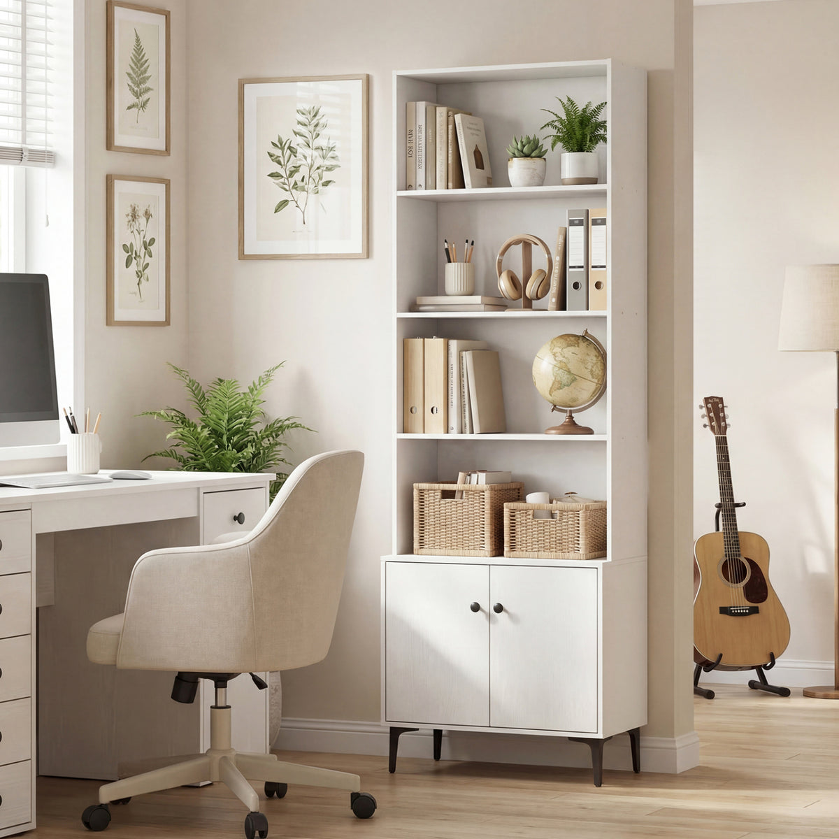 24-Inch Bookshelf with 2 Doors, White – Open & Closed Storage