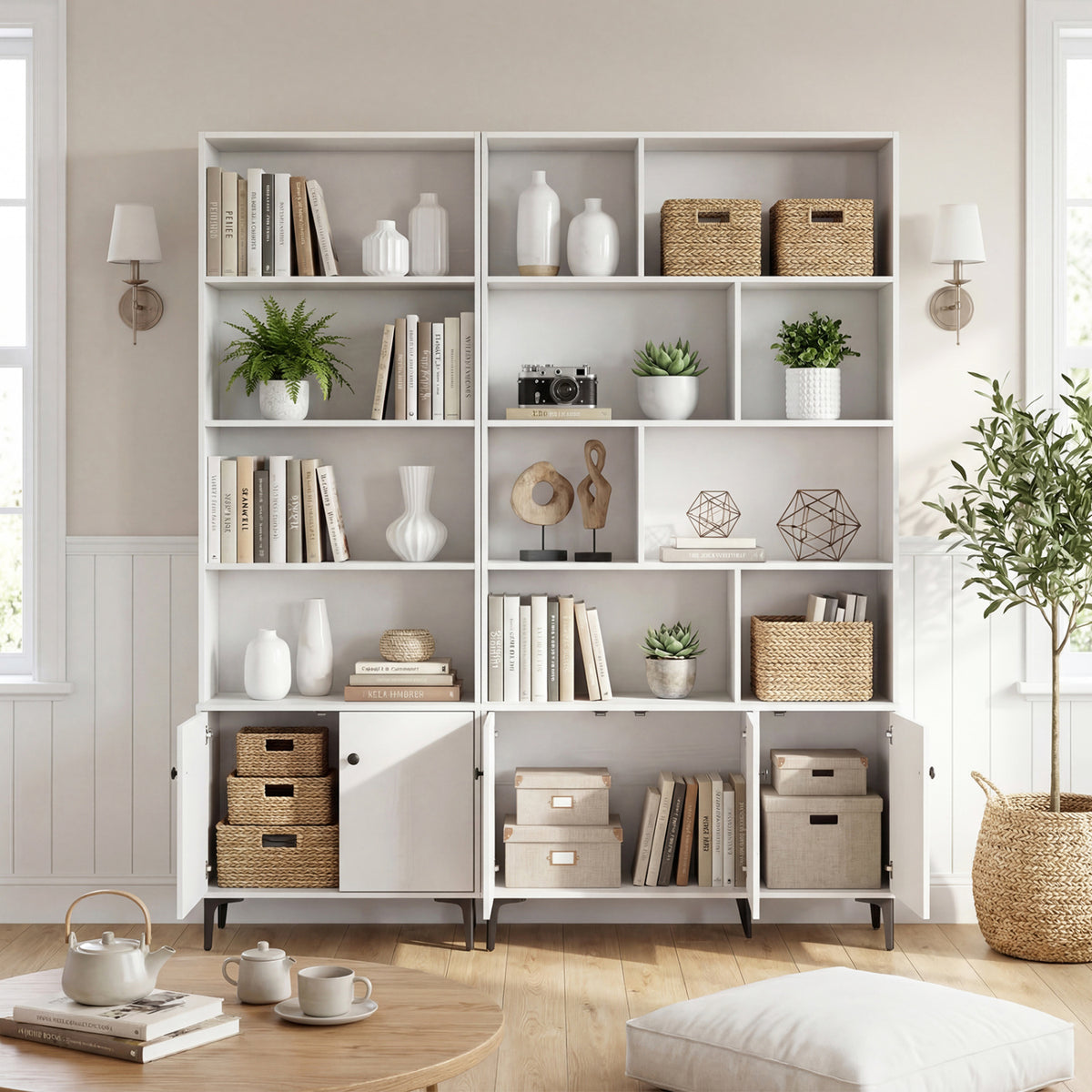 24-Inch Bookshelf with 2 Doors, White – Open & Closed Storage
