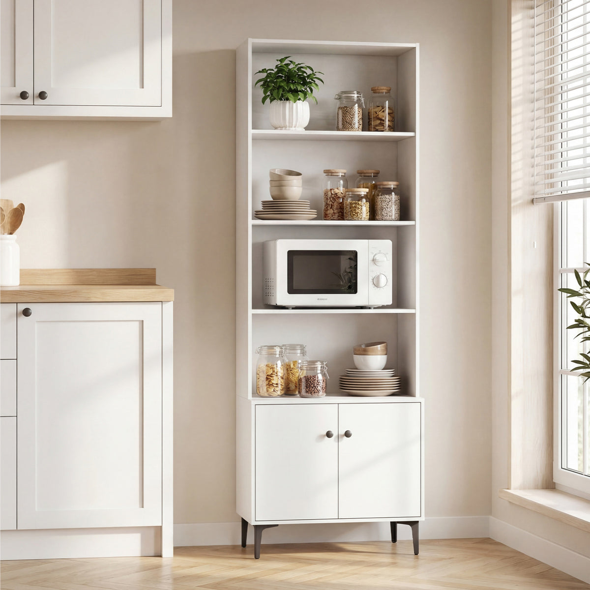 24-Inch Bookshelf with 2 Doors, White – Open & Closed Storage
