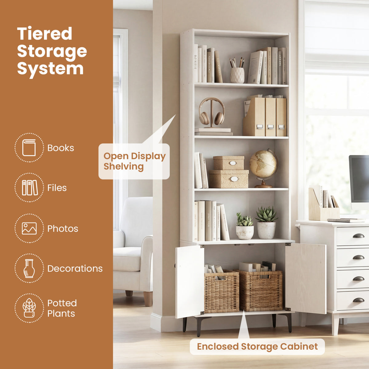 24-Inch Bookshelf with 2 Doors, White – Open & Closed Storage