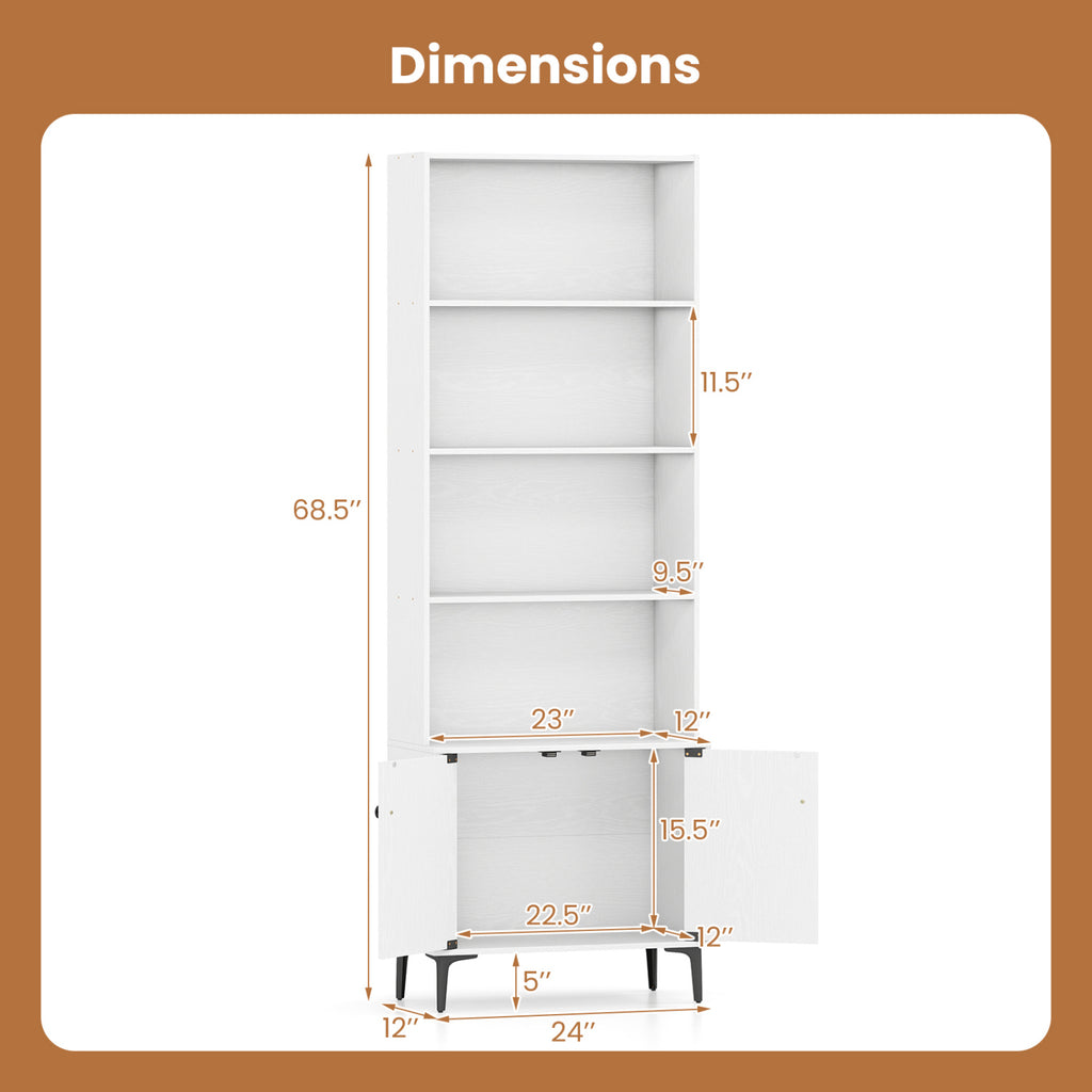 24-Inch Bookshelf with 2 Doors, White – Open & Closed Storage