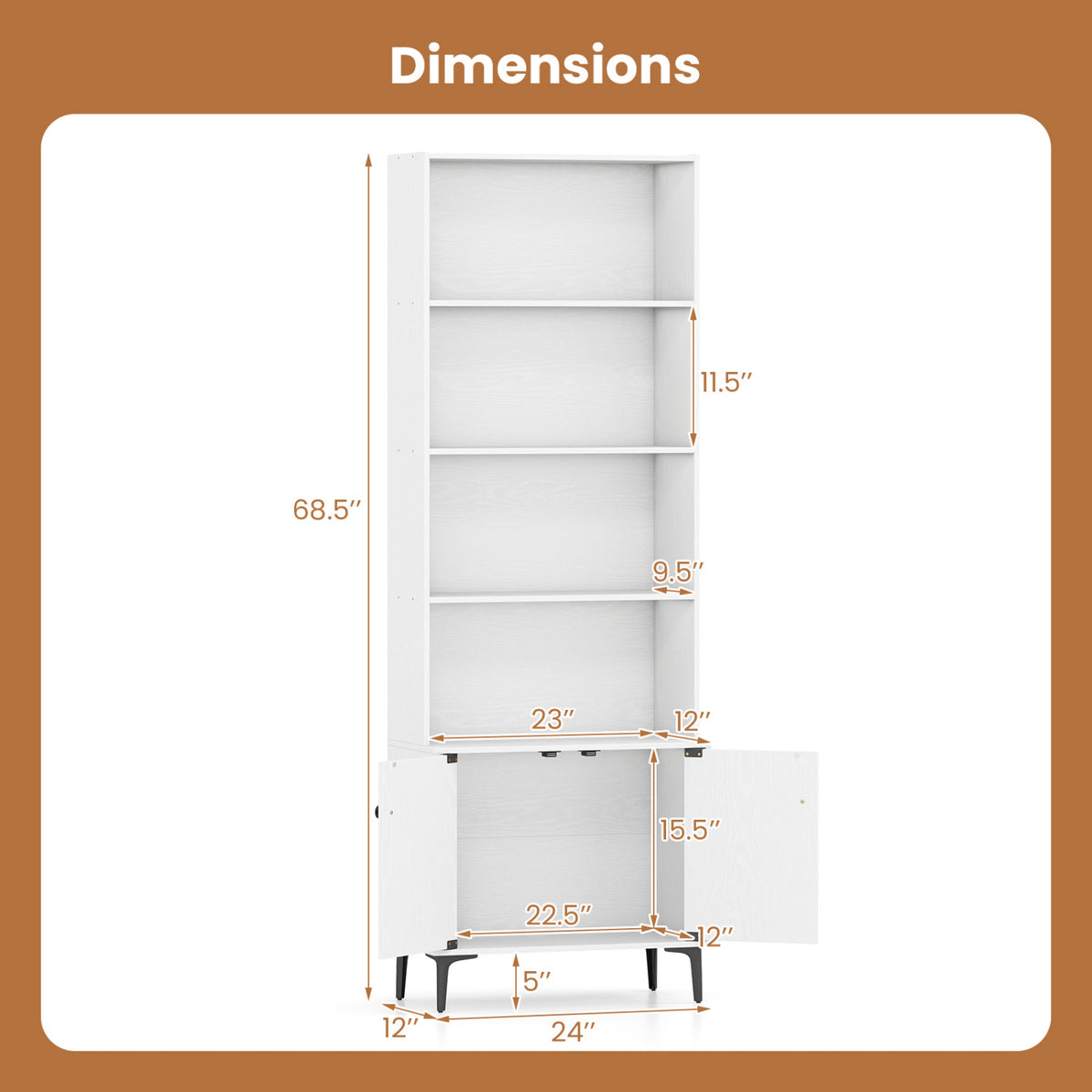 24-Inch Bookshelf with 2 Doors, White – Open & Closed Storage
