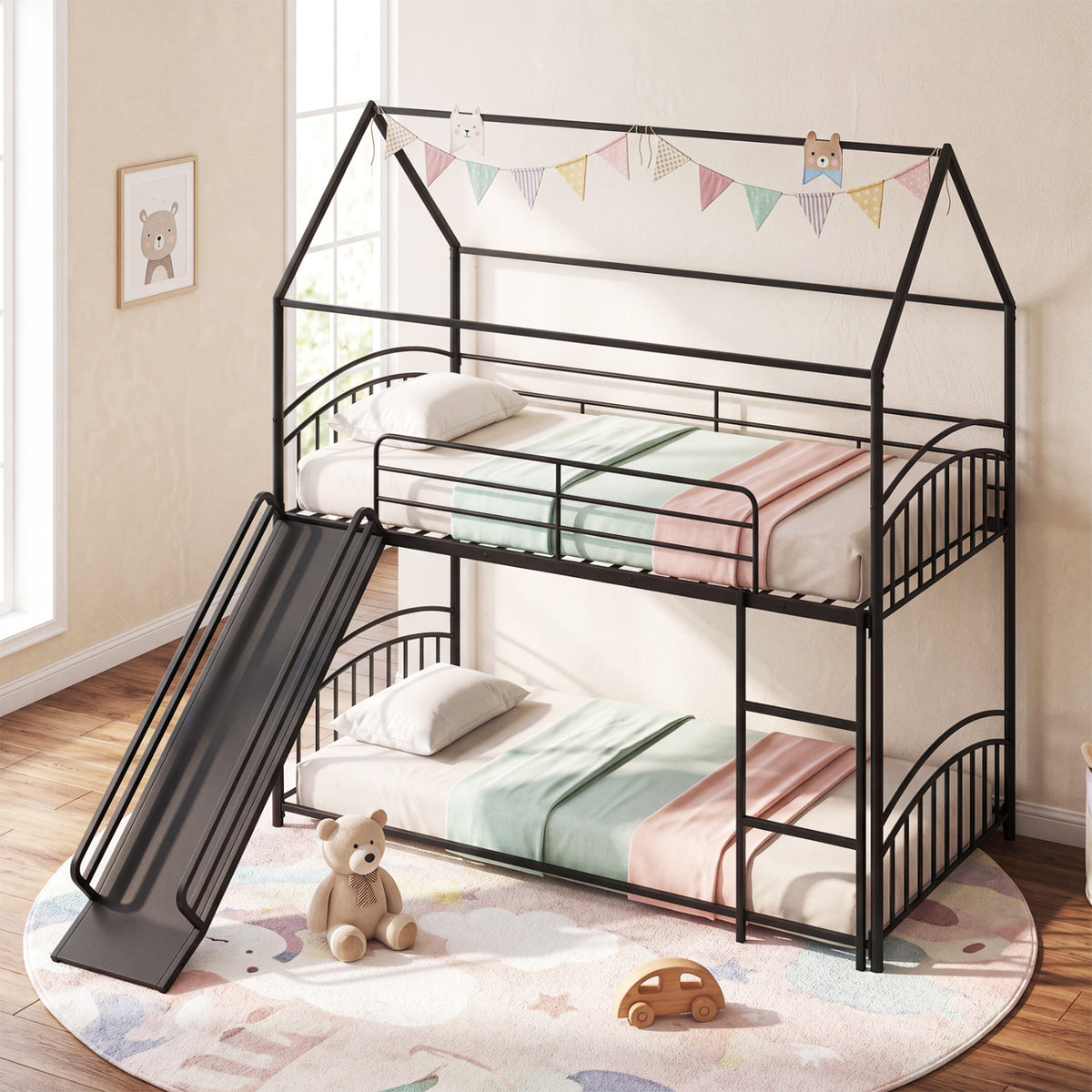 Twin Over Twin House Bunk Bed with Slide & Ladder, Black