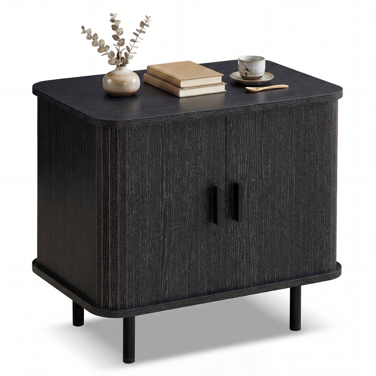 Modern Mid Century Nightstand with Sliding Doors, Natural