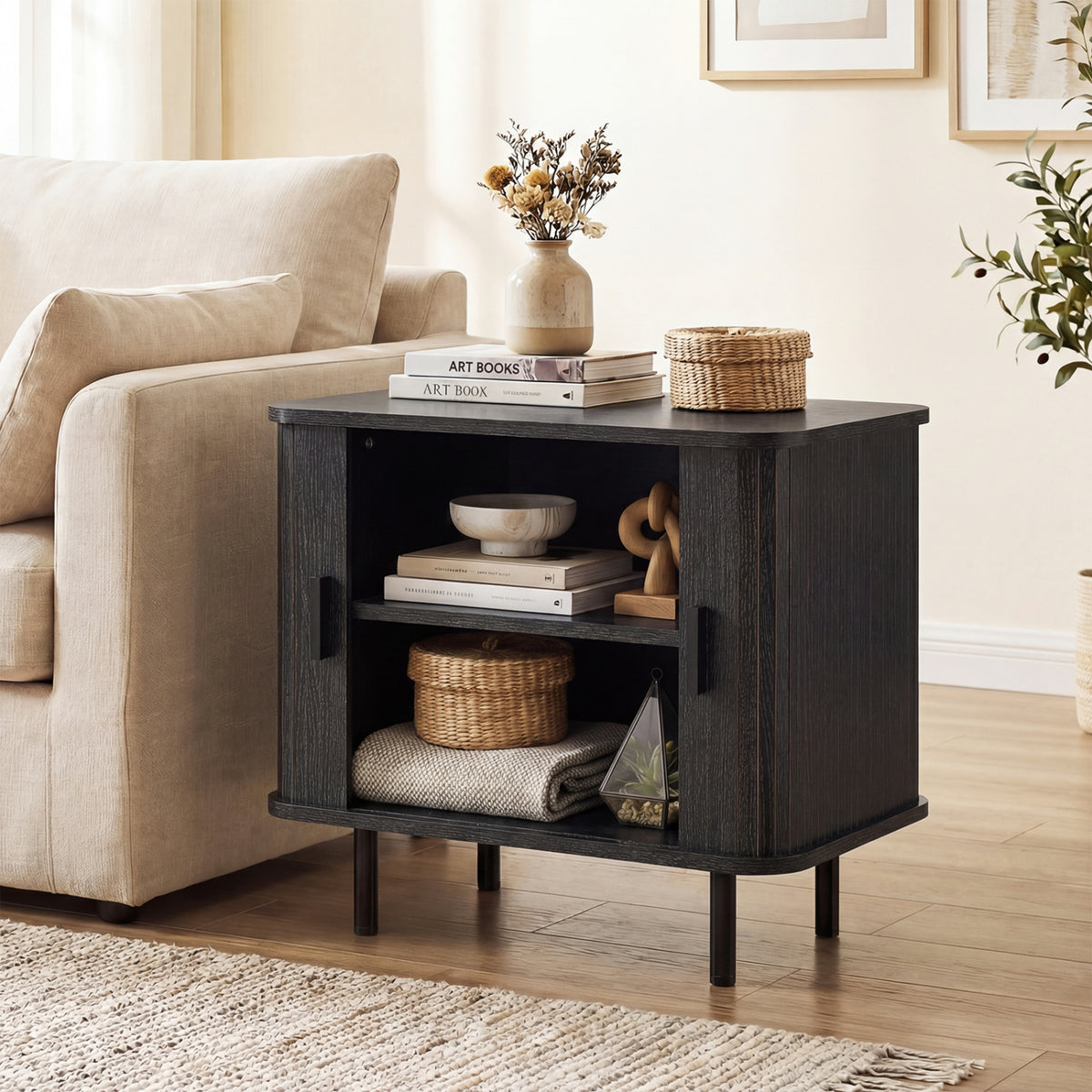 Modern Mid Century Nightstand with Sliding Doors, Natural