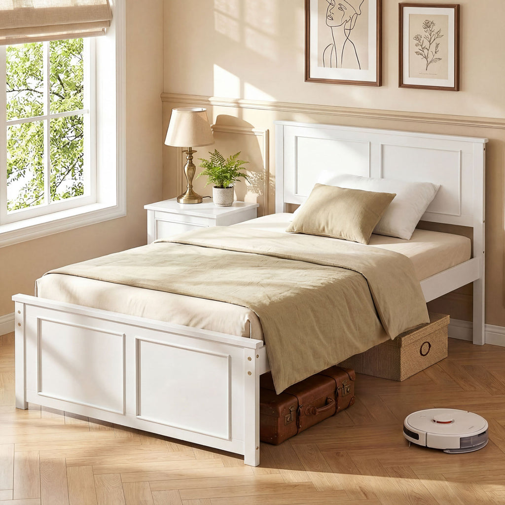 Twin Size Platform Bed Frame with Headboard - White