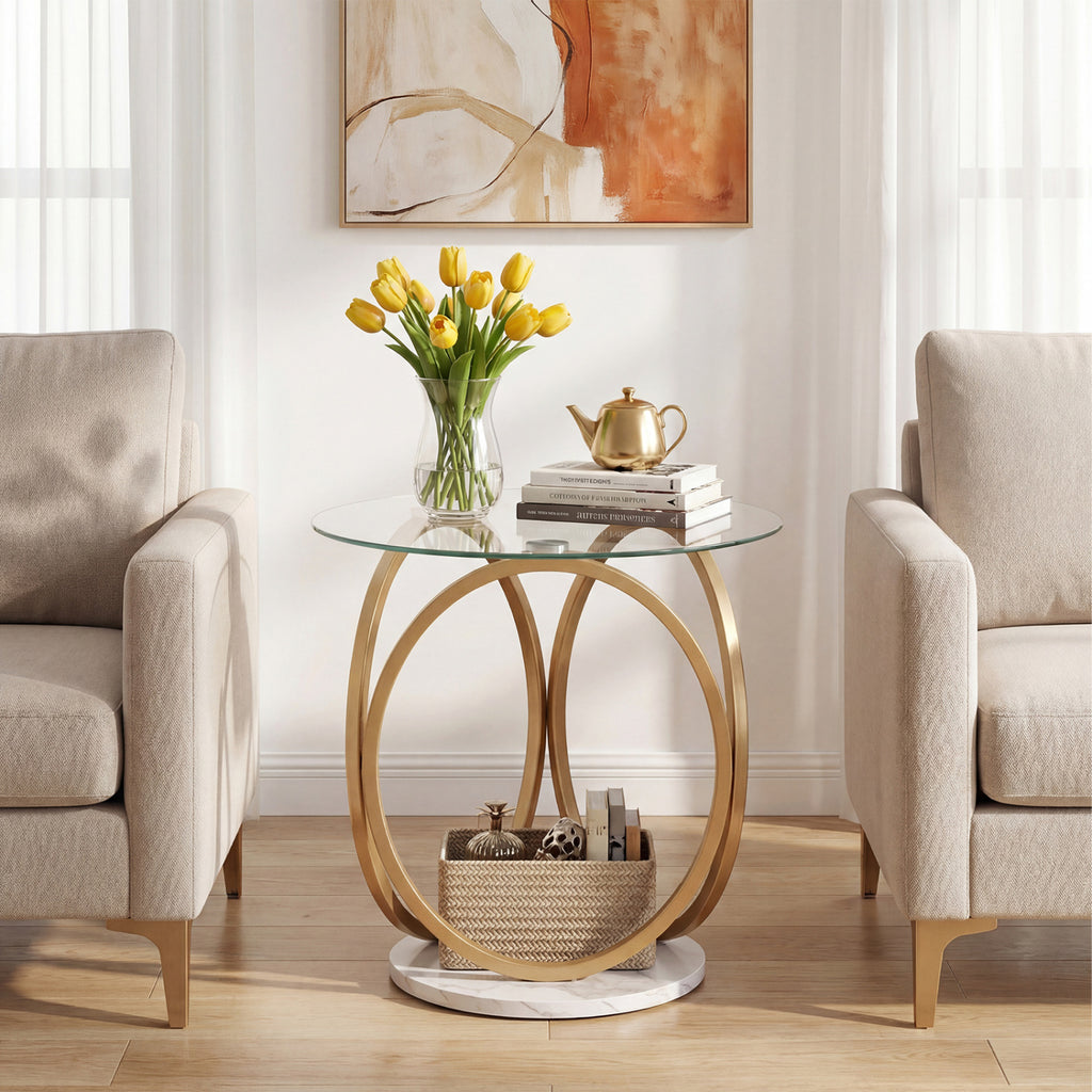 Round End Table with Faux Marble Base, Tempered Glass Top – Gold