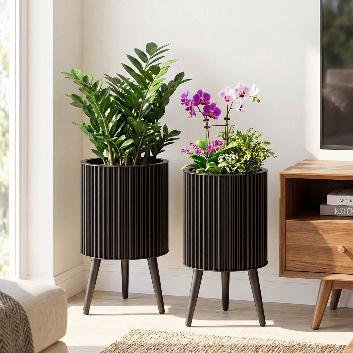 Decorative Flower Pots with Stand and Drainage Holes Set of 2