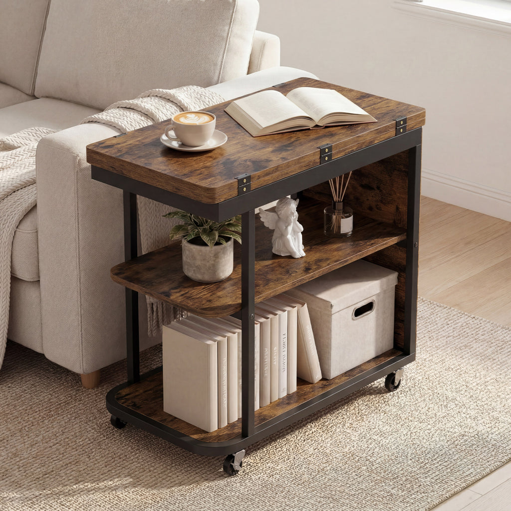 Mobile Night Stand with Foldable Swivel Top, 2-Tier Shelf – Gray