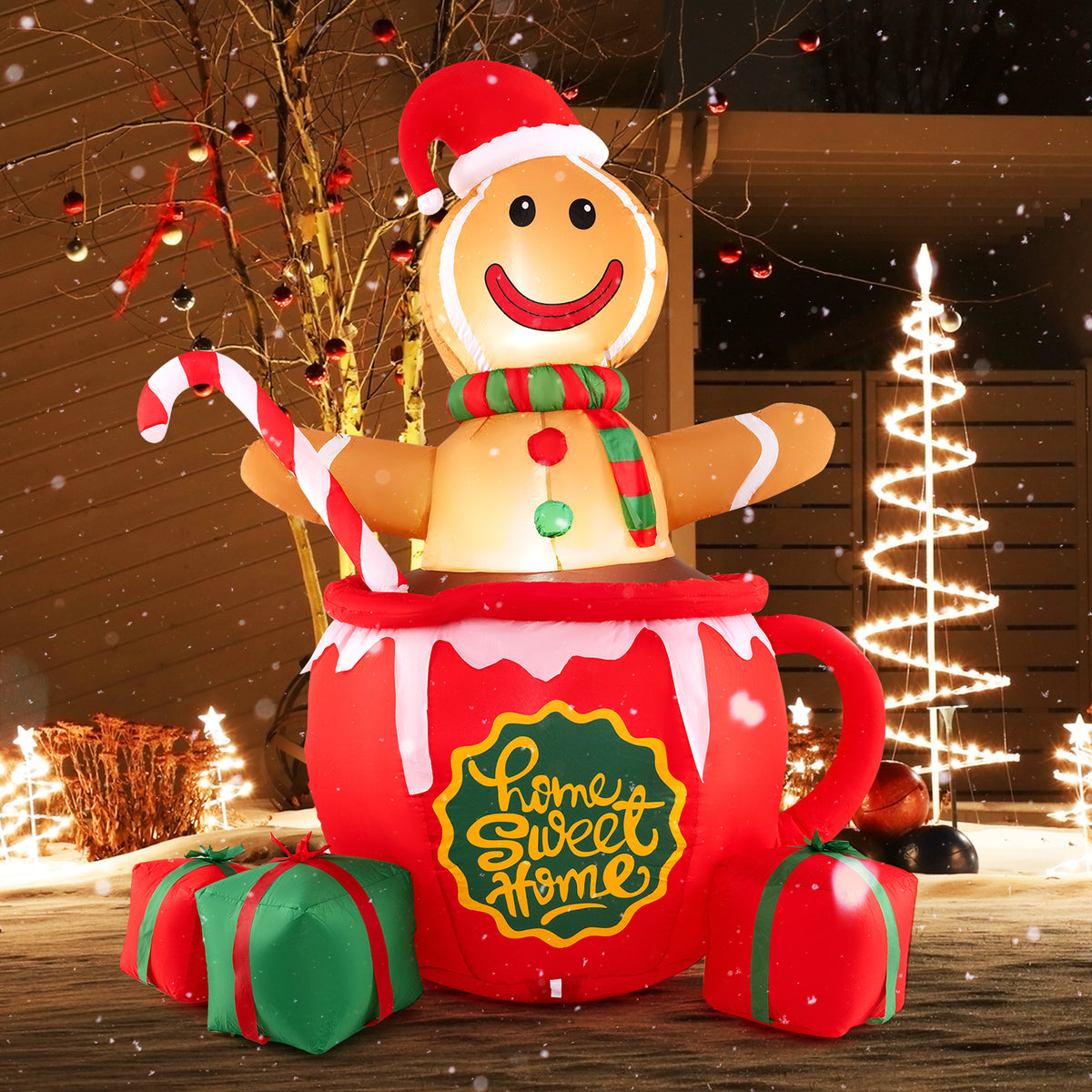 7 Feet Inflatable Gingerbread Man Christmas Yard Decor with LED Lights and Gift Boxes