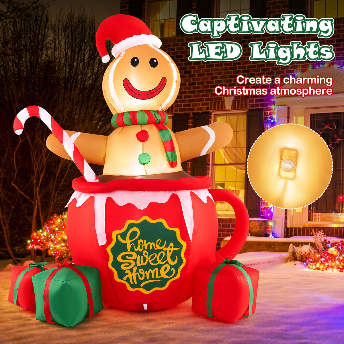 7 Feet Inflatable Gingerbread Man Christmas Yard Decor with LED Lights and Gift Boxes