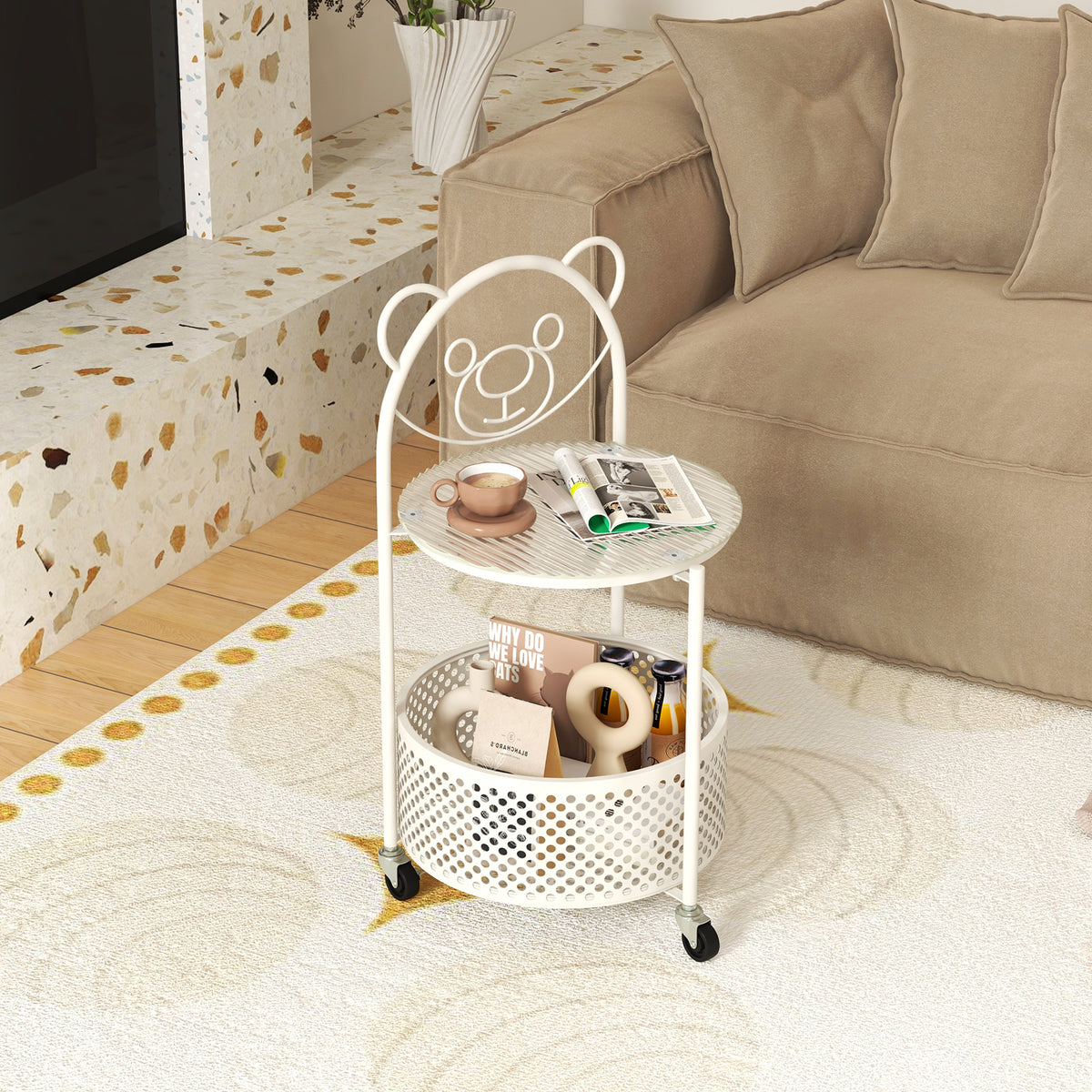 Modern Sofa Side Table on Lockable Wheels - Rounded, Golden
