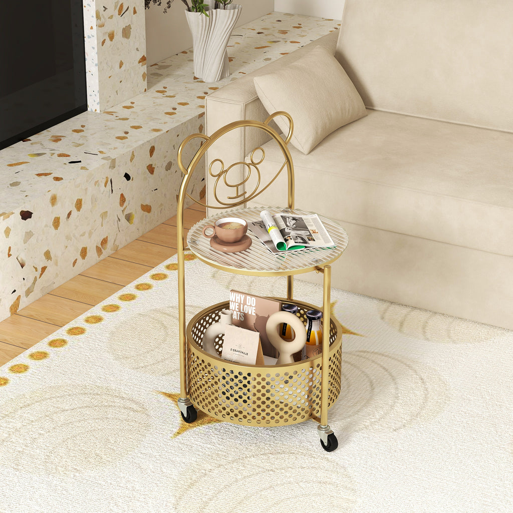 Modern Sofa Side Table on Lockable Wheels - Rounded, Golden