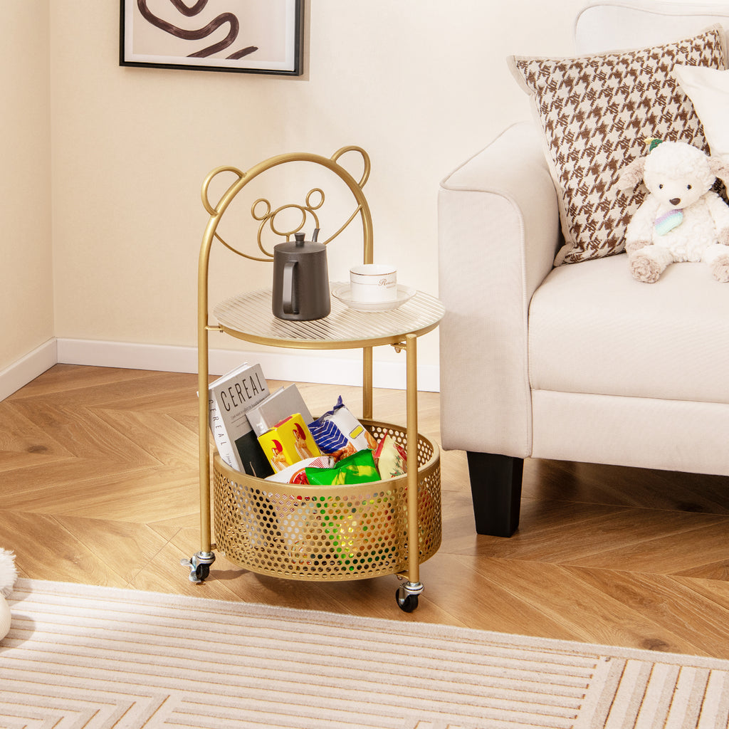 Modern Sofa Side Table on Lockable Wheels - Rounded, Golden