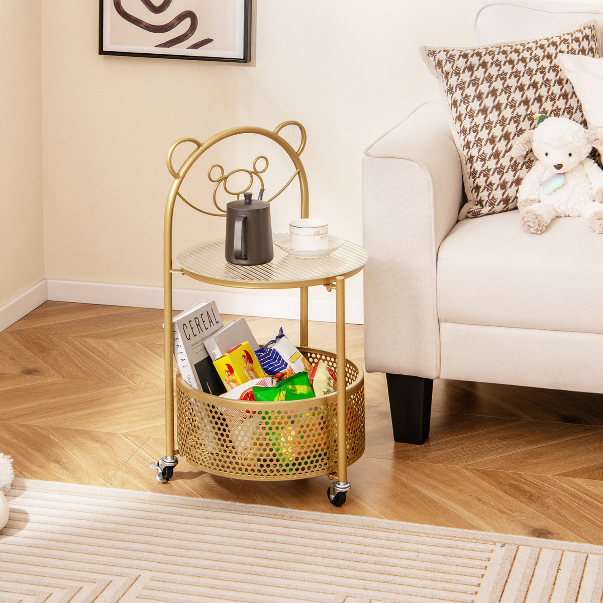 Modern Sofa Side Table on Lockable Wheels - Rounded, Golden