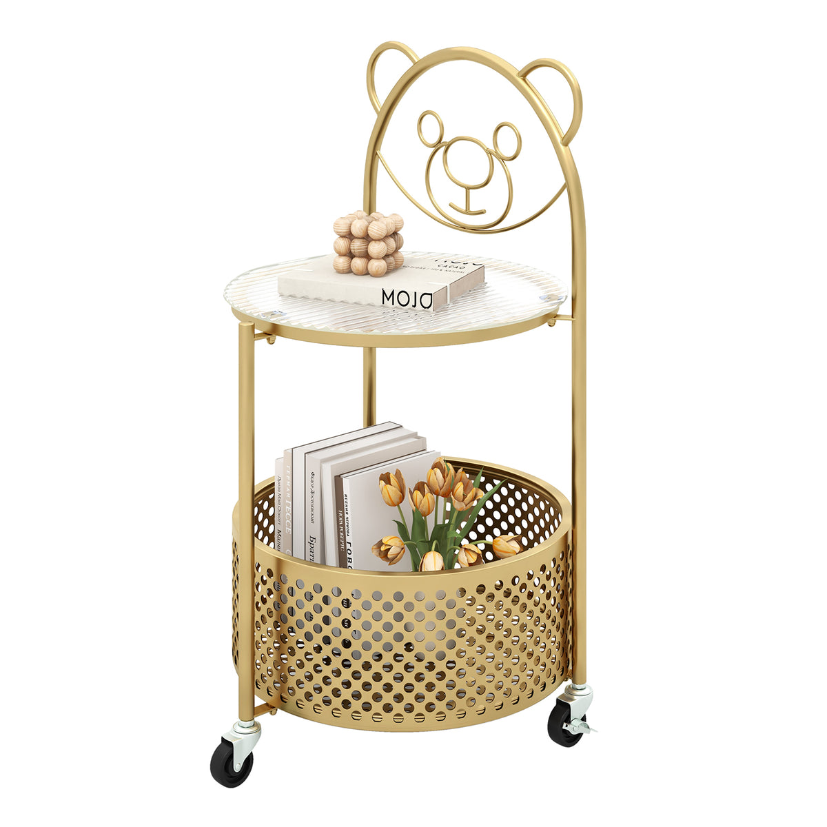 Modern Sofa Side Table on Lockable Wheels - Rounded, Golden