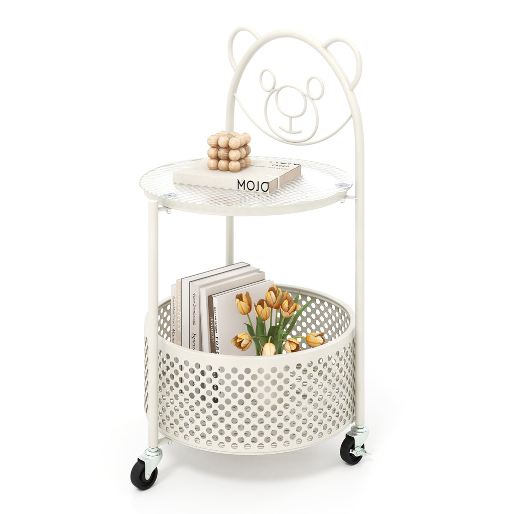 2-Tier Glass Coffee Table with Bear Design - Elliptical, White