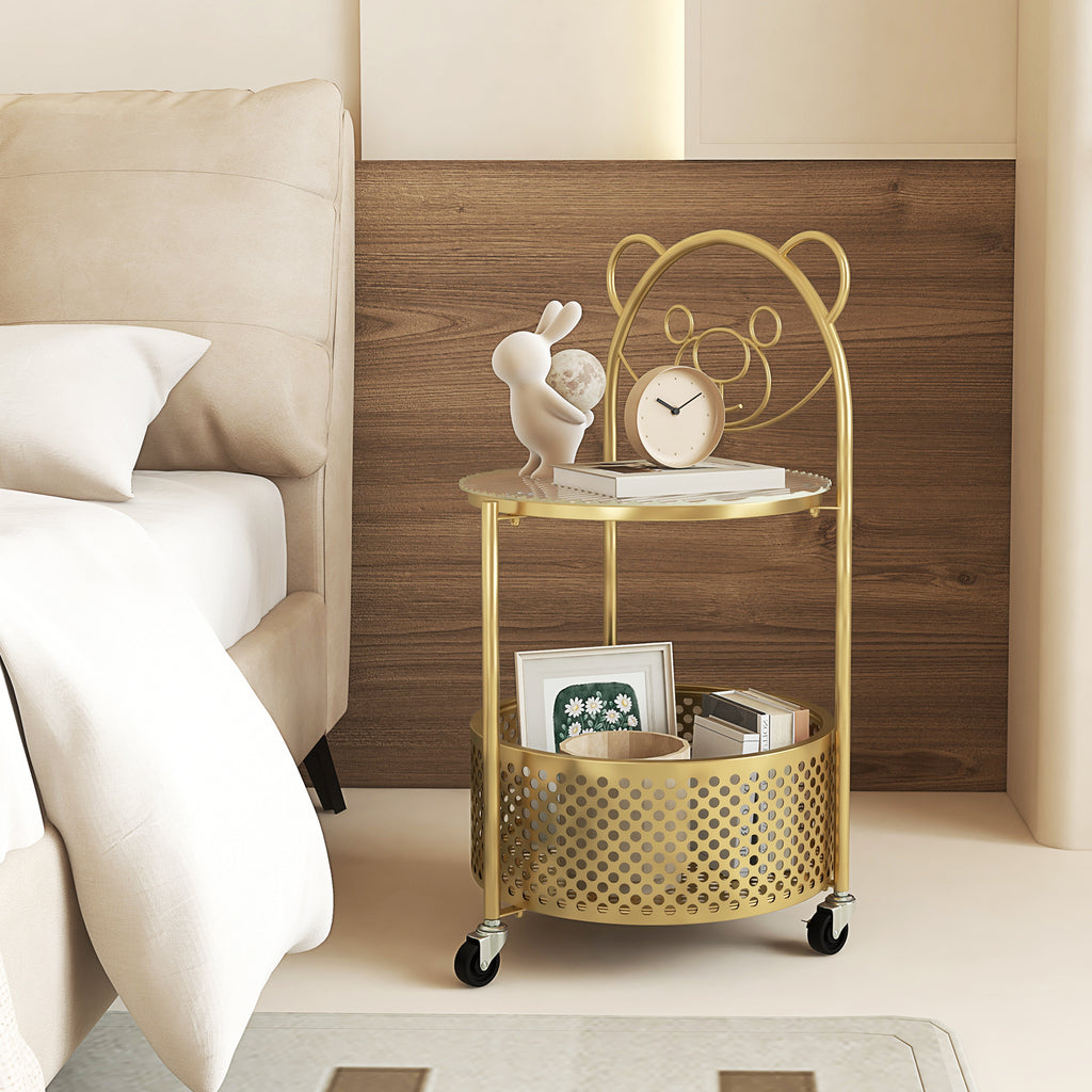 Modern Sofa Side Table on Lockable Wheels - Rounded, Golden