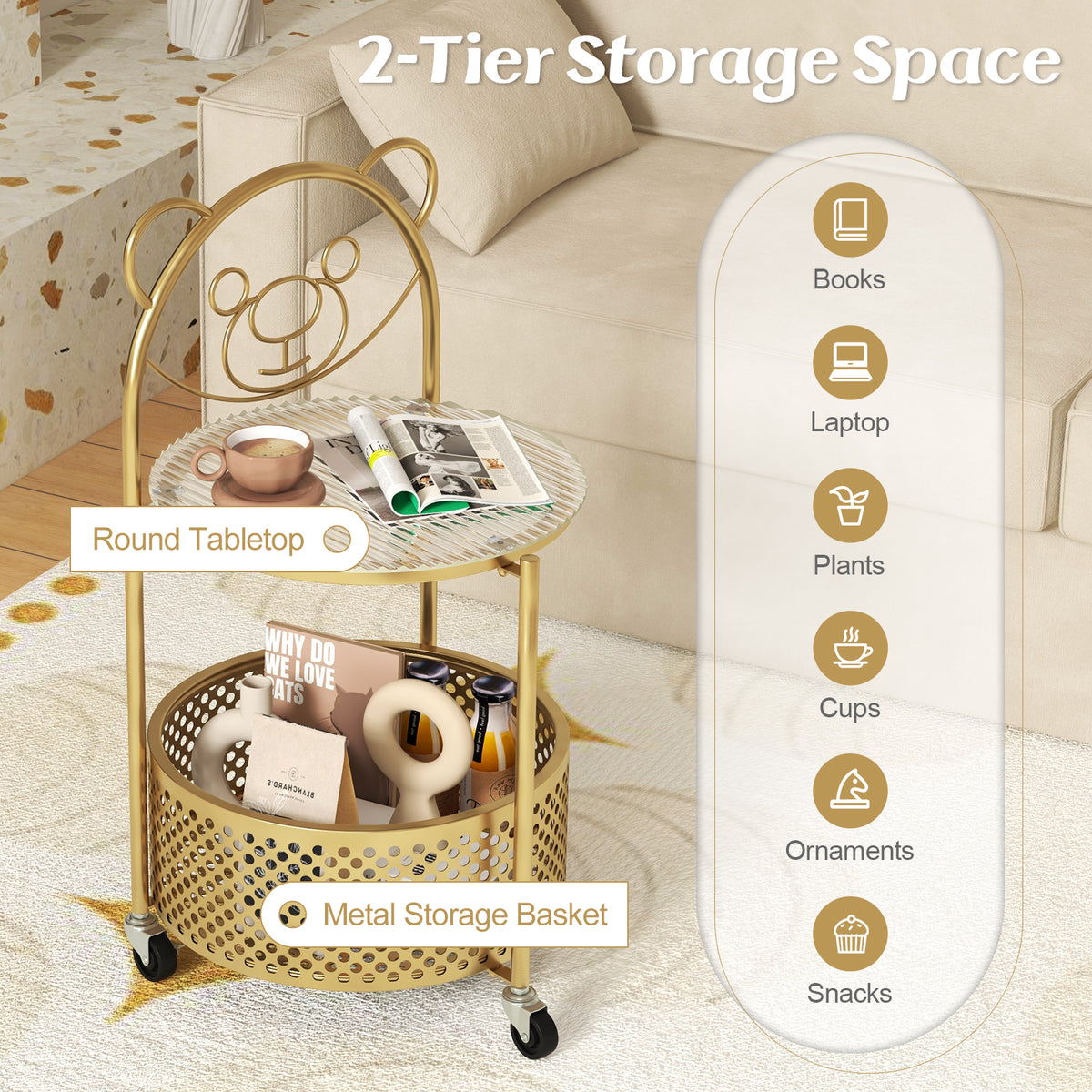 Modern Sofa Side Table on Lockable Wheels - Rounded, Golden