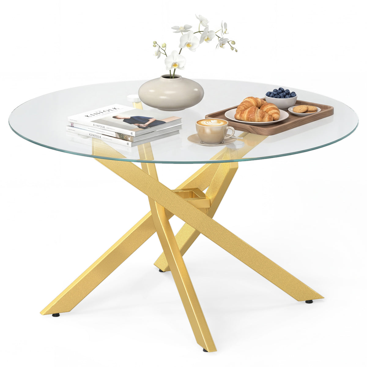 Round Glass Coffee Table with Golden Metal Frame