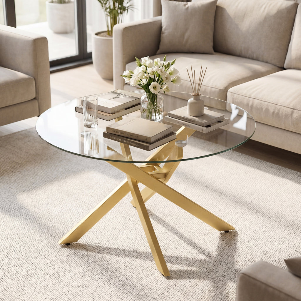 Round Glass Coffee Table with Golden Metal Frame - Tempered Top