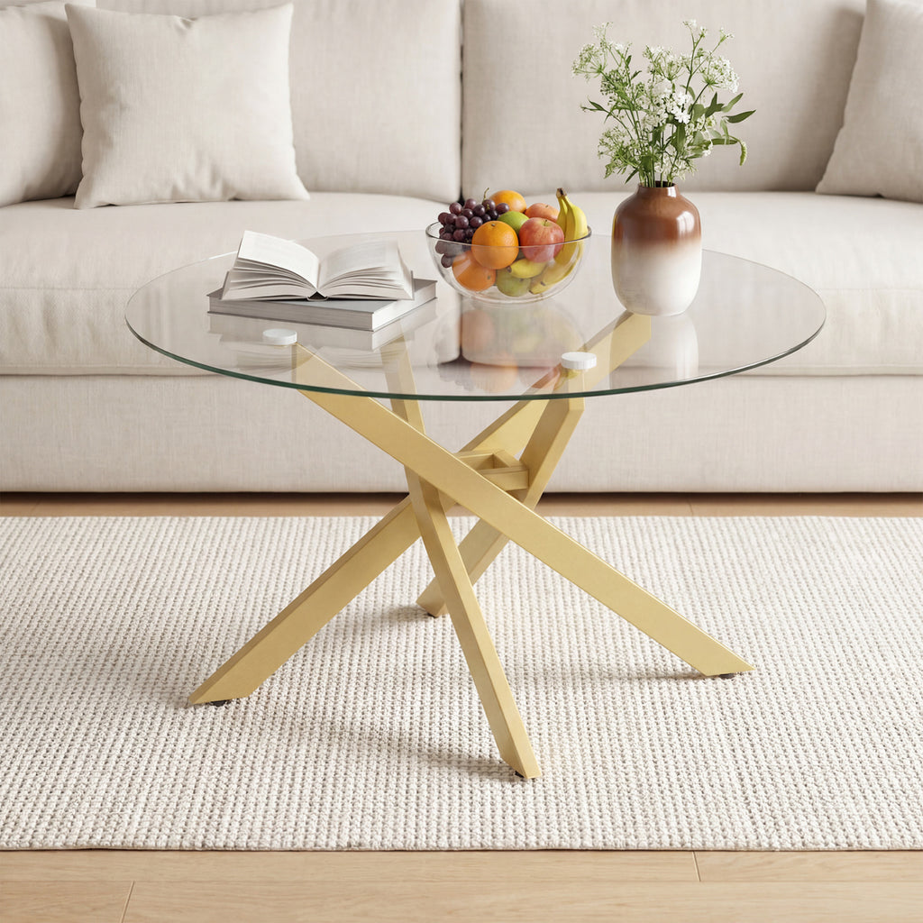 Round Glass Coffee Table with Golden Metal Frame - Tempered Top