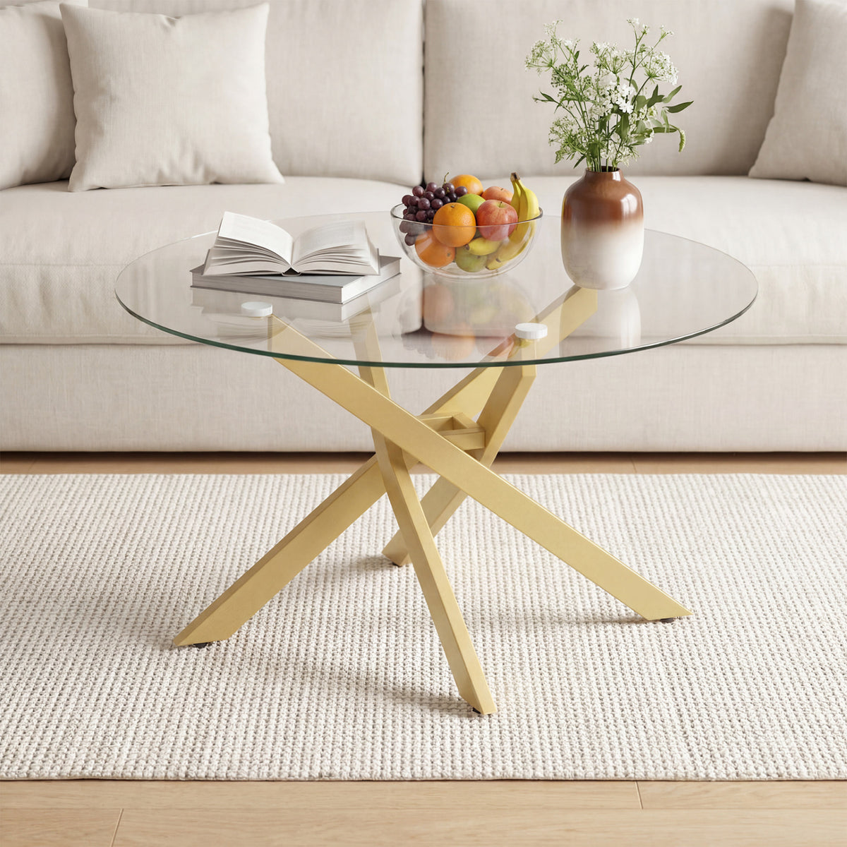 Round Glass Coffee Table with Golden Metal Frame - Tempered Top