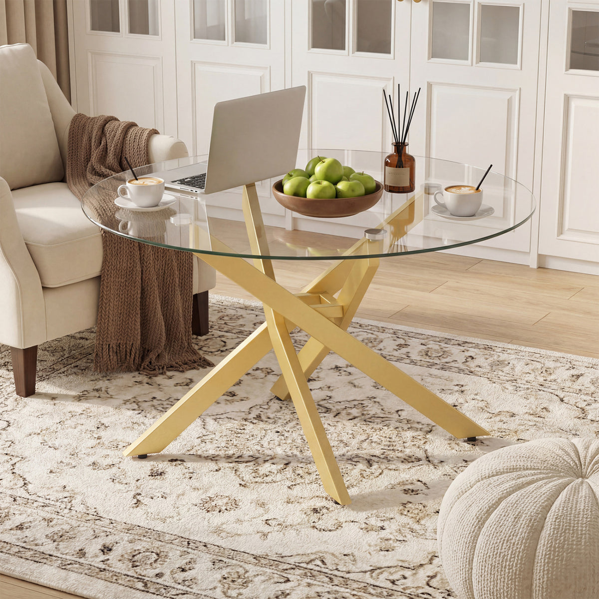 Round Glass Coffee Table with Golden Metal Frame - Tempered Top