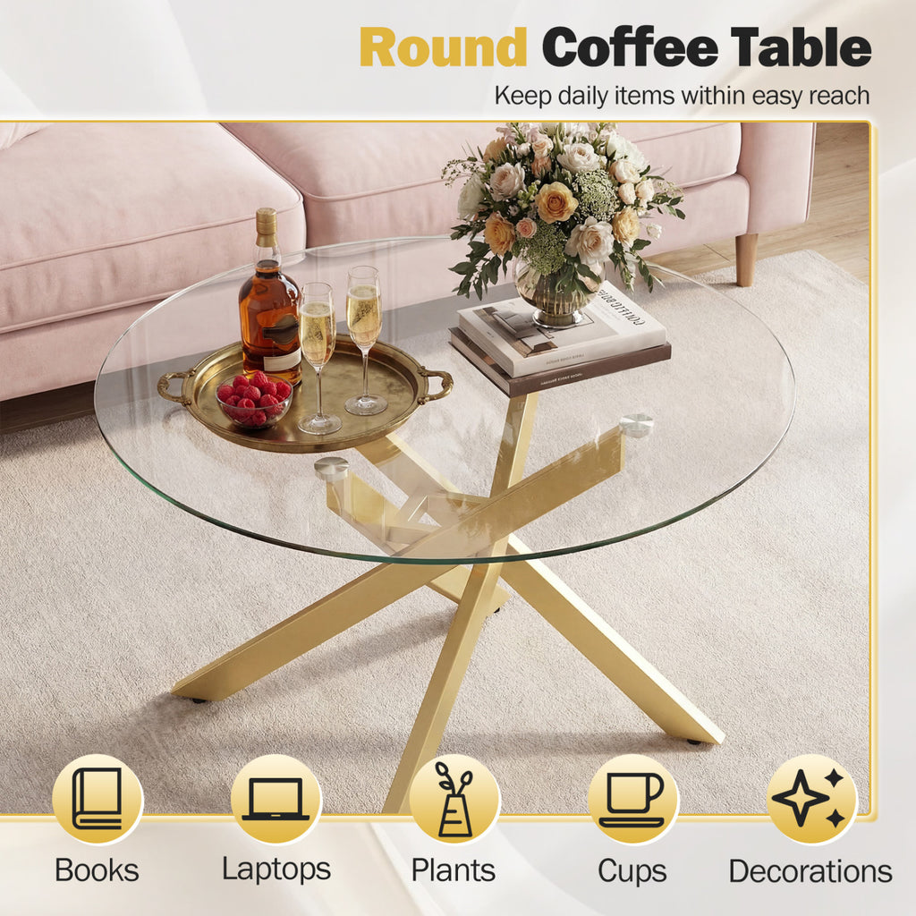 Round Glass Coffee Table with Golden Metal Frame - Tempered Top