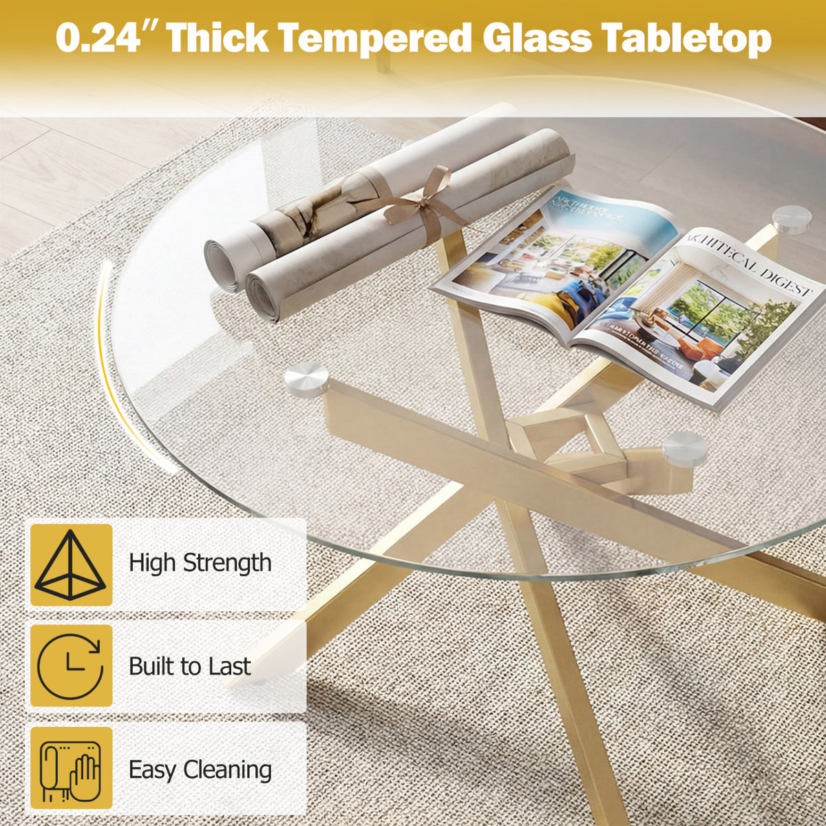Round Glass Coffee Table with Golden Metal Frame - Tempered Top