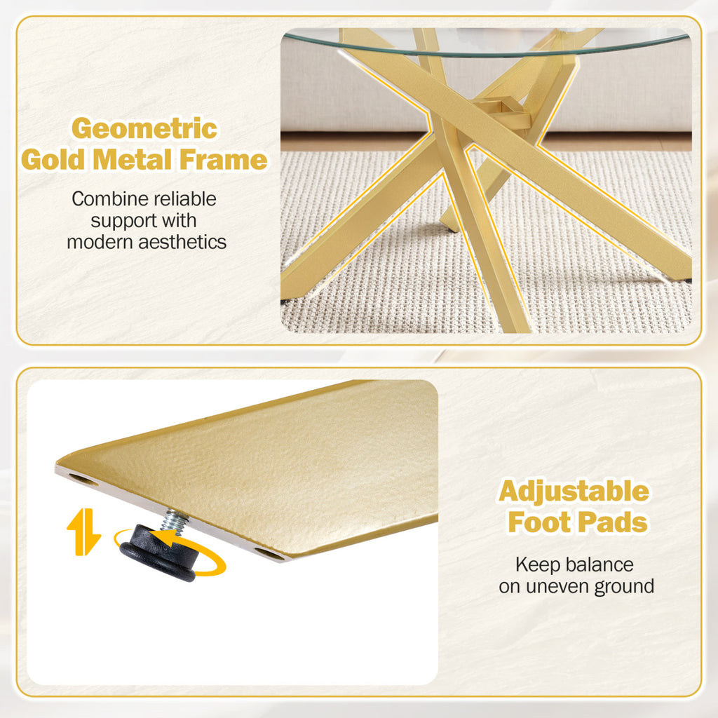 Round Glass Coffee Table with Golden Metal Frame - Tempered Top