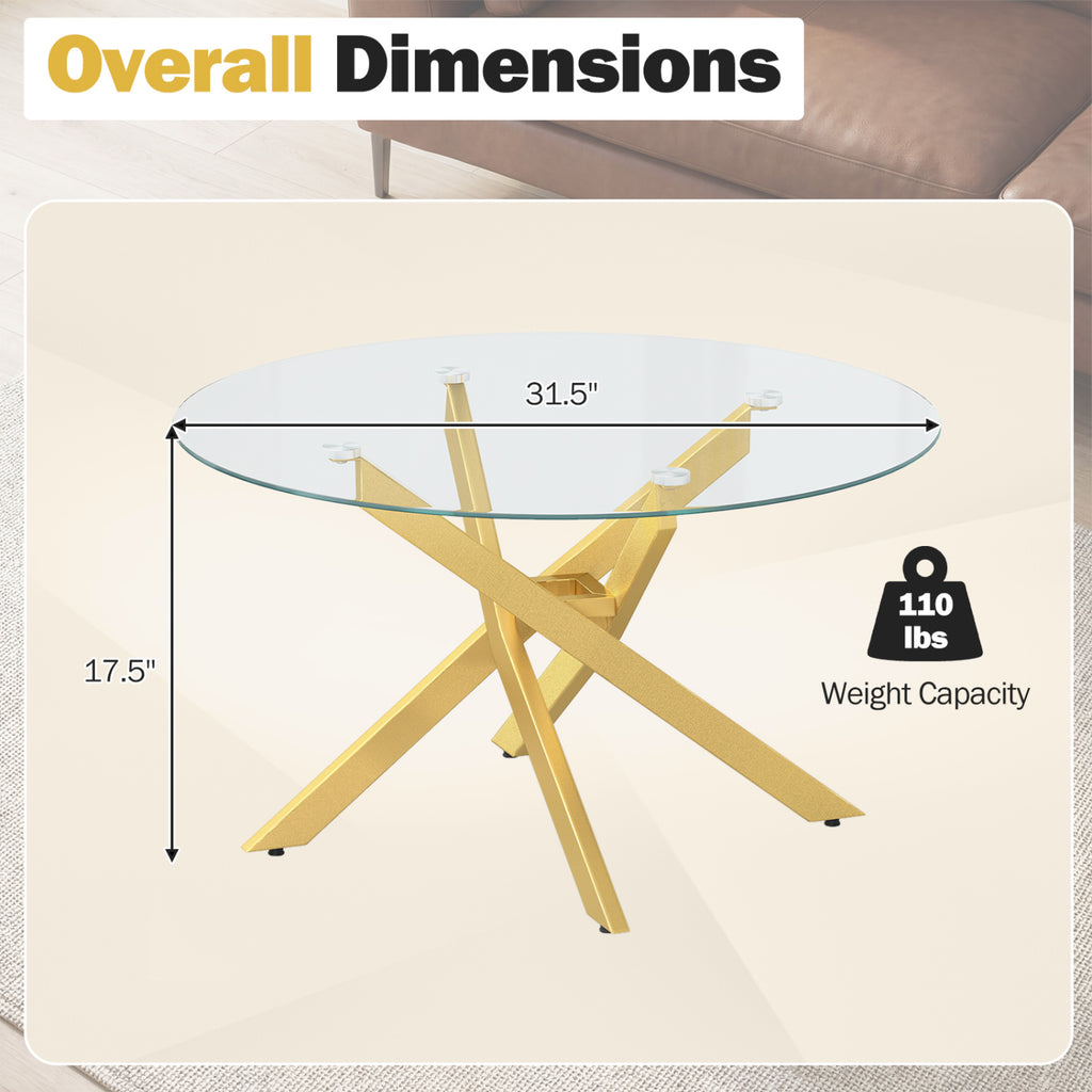 Round Glass Coffee Table with Golden Metal Frame - Tempered Top