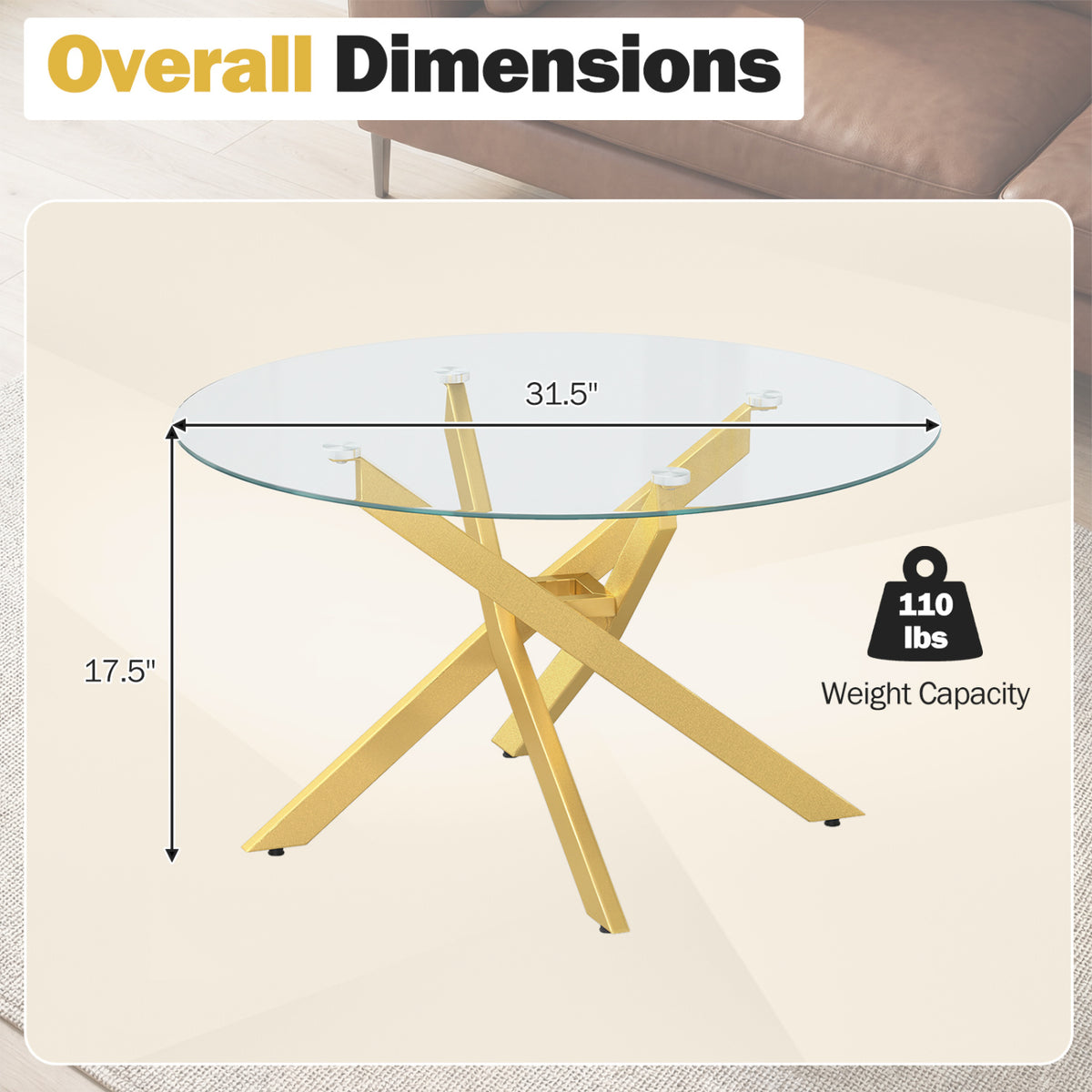 Round Glass Coffee Table with Golden Metal Frame - Tempered Top
