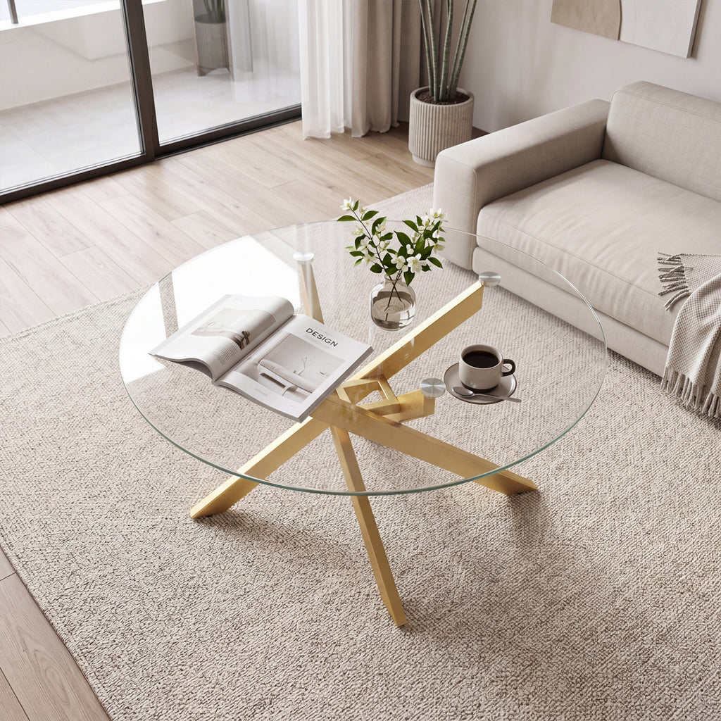 Round Glass Coffee Table with Golden Metal Frame - Tempered Top