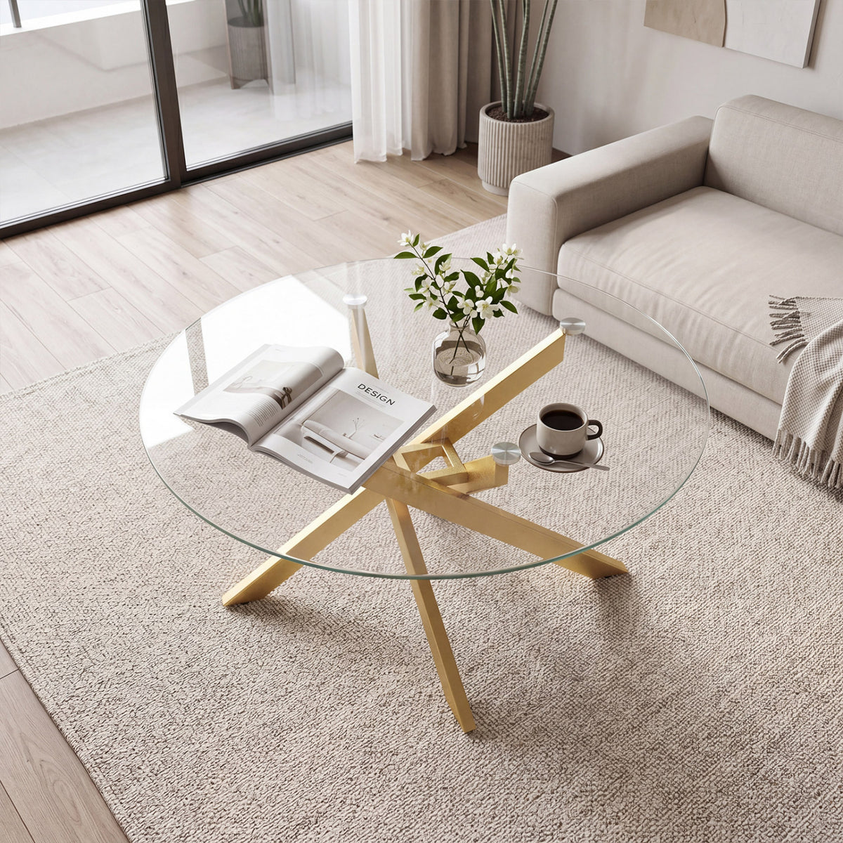 Round Glass Coffee Table with Golden Metal Frame - Tempered Top