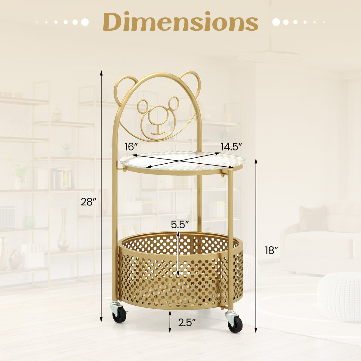 Modern Sofa Side Table on Lockable Wheels - Rounded, Golden