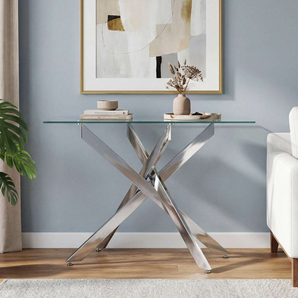 Glass Console Table Modern Entryway - Clear Tempered Top, Silver
