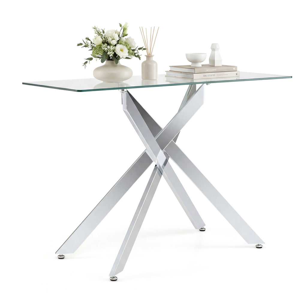 Glass Console Table Modern Entryway - Clear Tempered Top, Silver