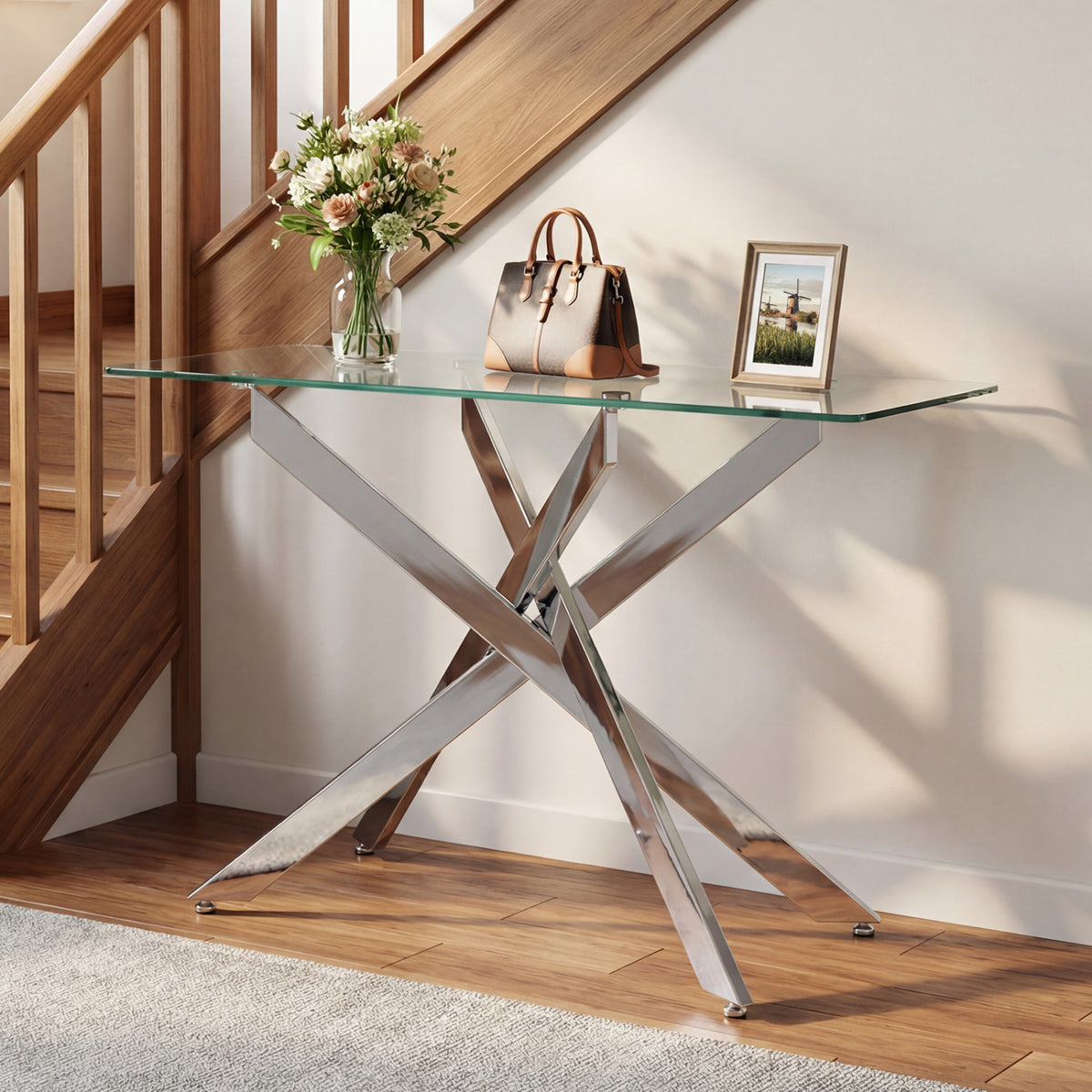 Glass Console Table Modern Entryway - Clear Tempered Top, Silver