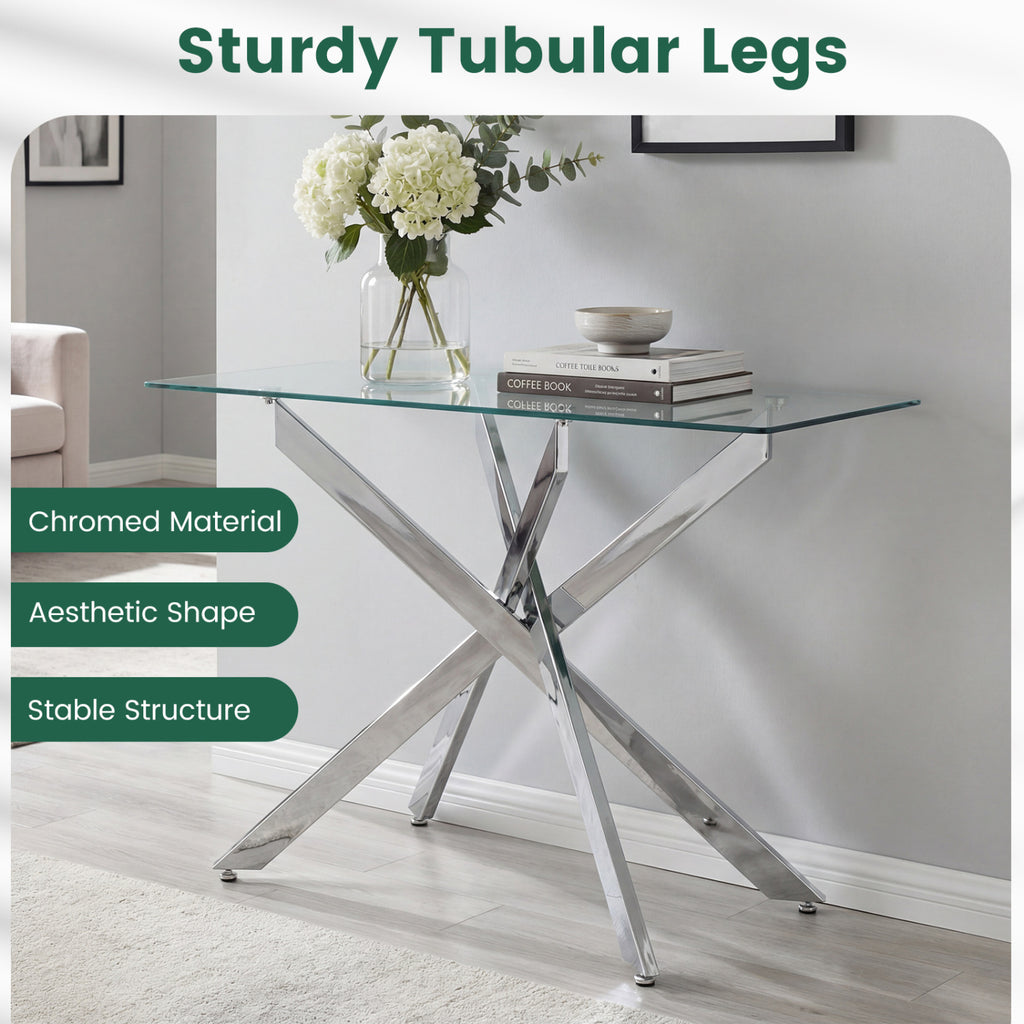 Glass Console Table Modern Entryway - Clear Tempered Top, Silver