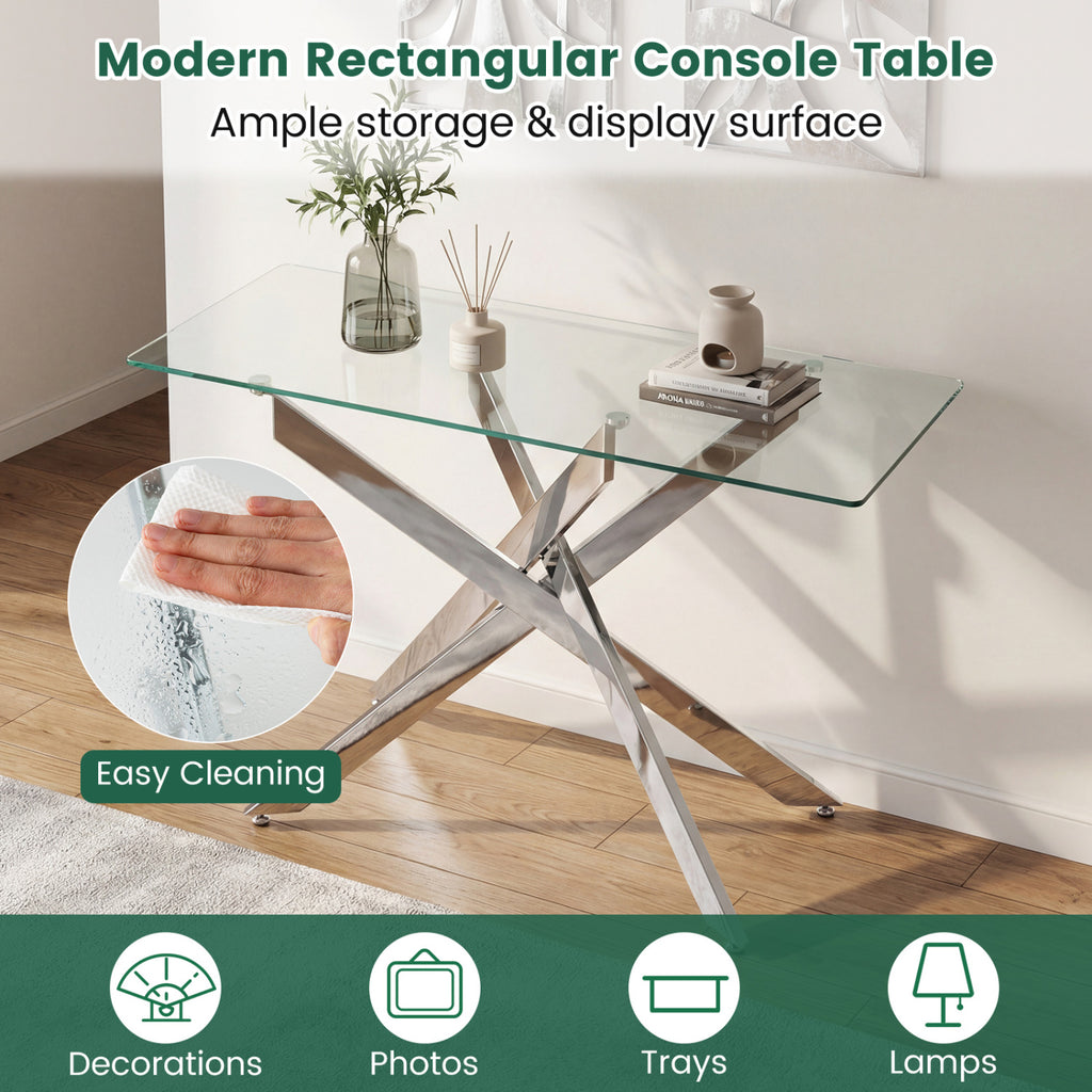 Glass Console Table Modern Entryway - Clear Tempered Top, Silver