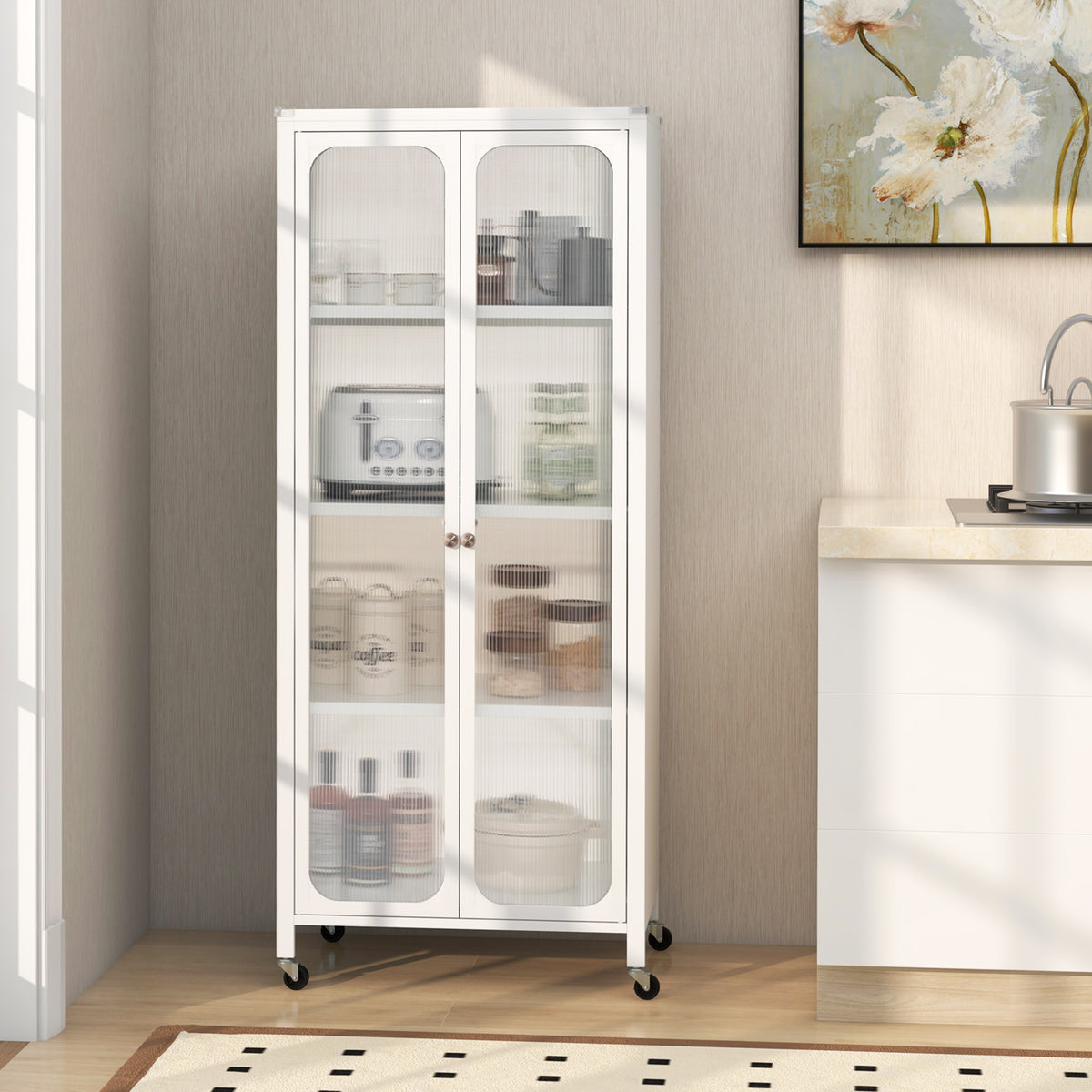 Storage Cabinet with Wheels and Adjustable Shelves - White