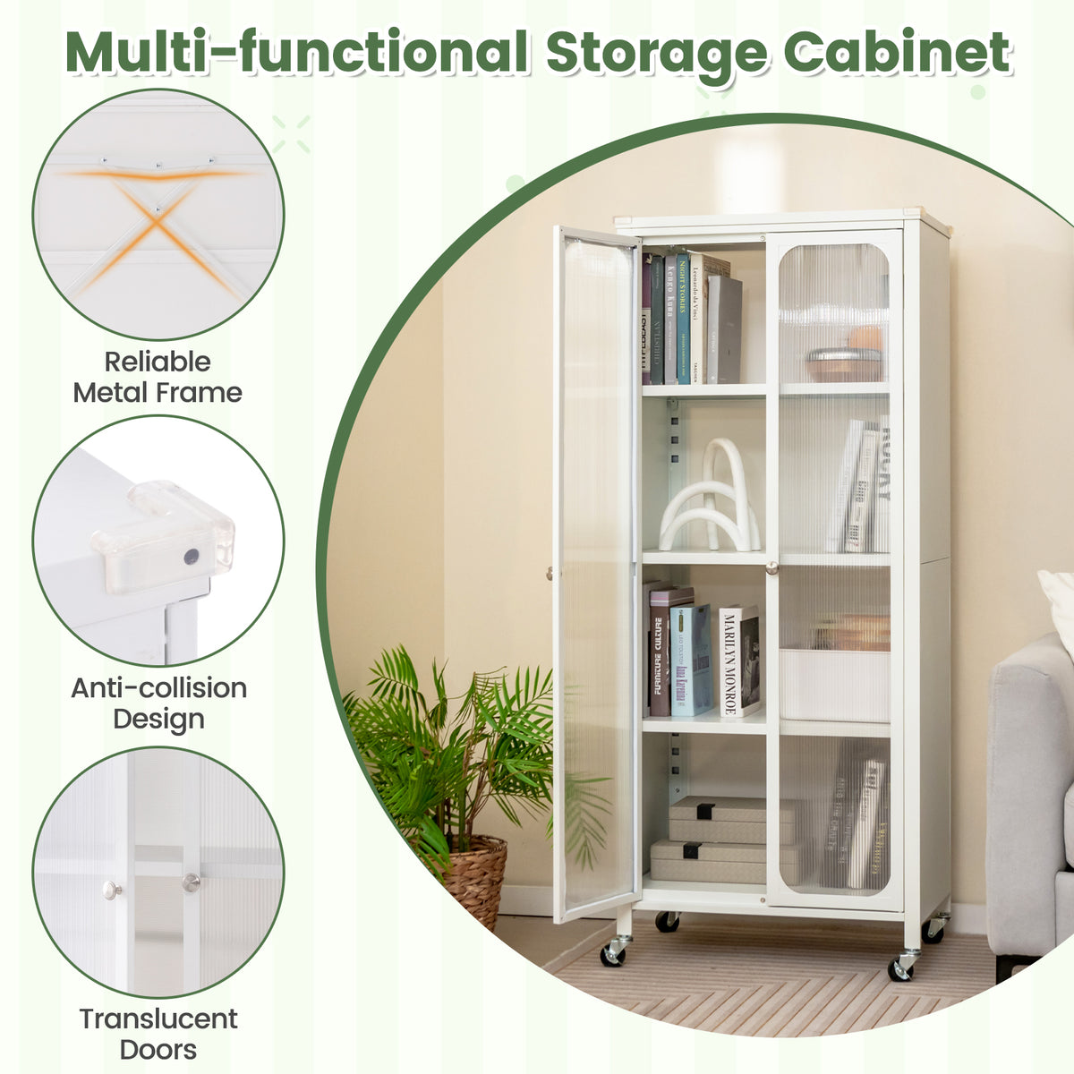 Storage Cabinet with Wheels and Adjustable Shelves - White