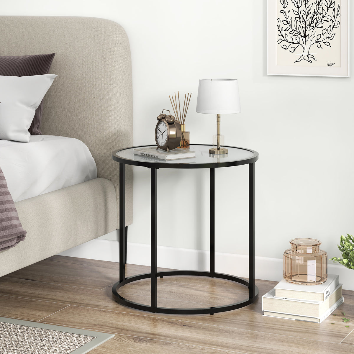20 Inch Glass End Table with Metal Frame, Black & White