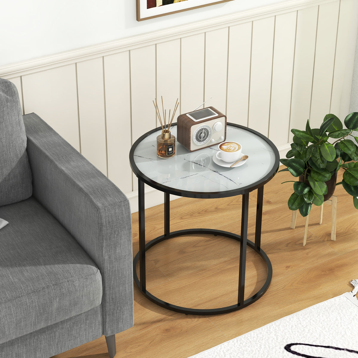 20 Inch Glass End Table with Metal Frame, Black & White